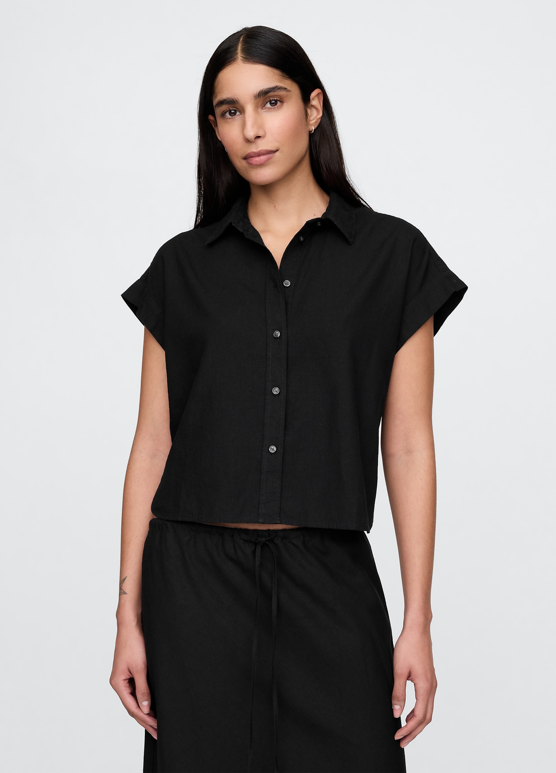 GAP, Camicia Cropped Nera Gap In Lino E Viscosa, Donna, Nero, Taglia: XS