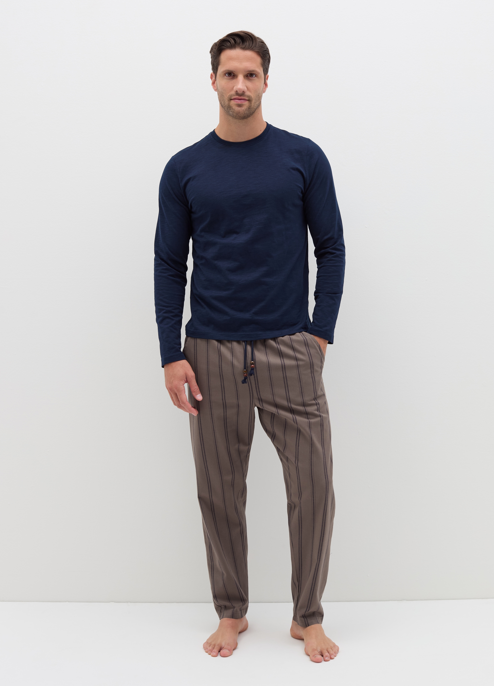 Pijama Largo Con Parte De Arriba De Punto Flameado, Hombre, Azul Noche, Talla: XXL