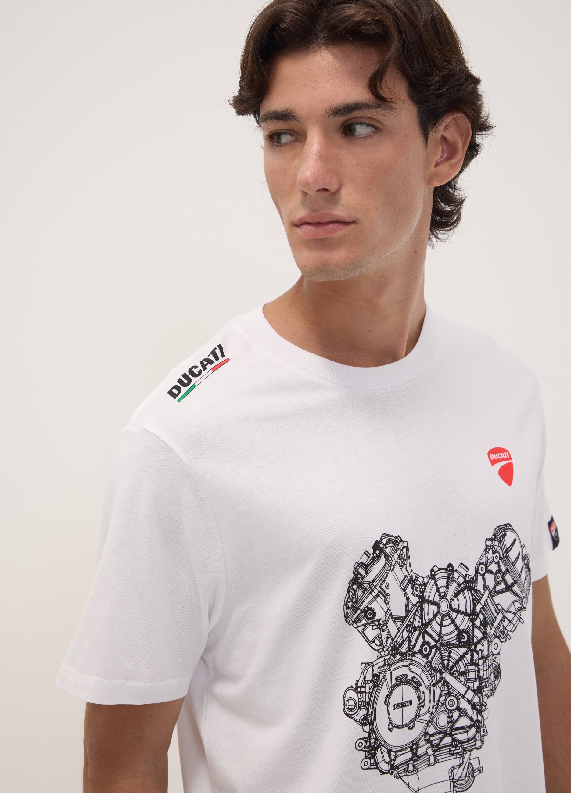 OVS, T-shirt Bianca In Puro Cotone Con Girocollo E Stampa Ducati Regular Fit, Uomo, Bianco, Taglia: S