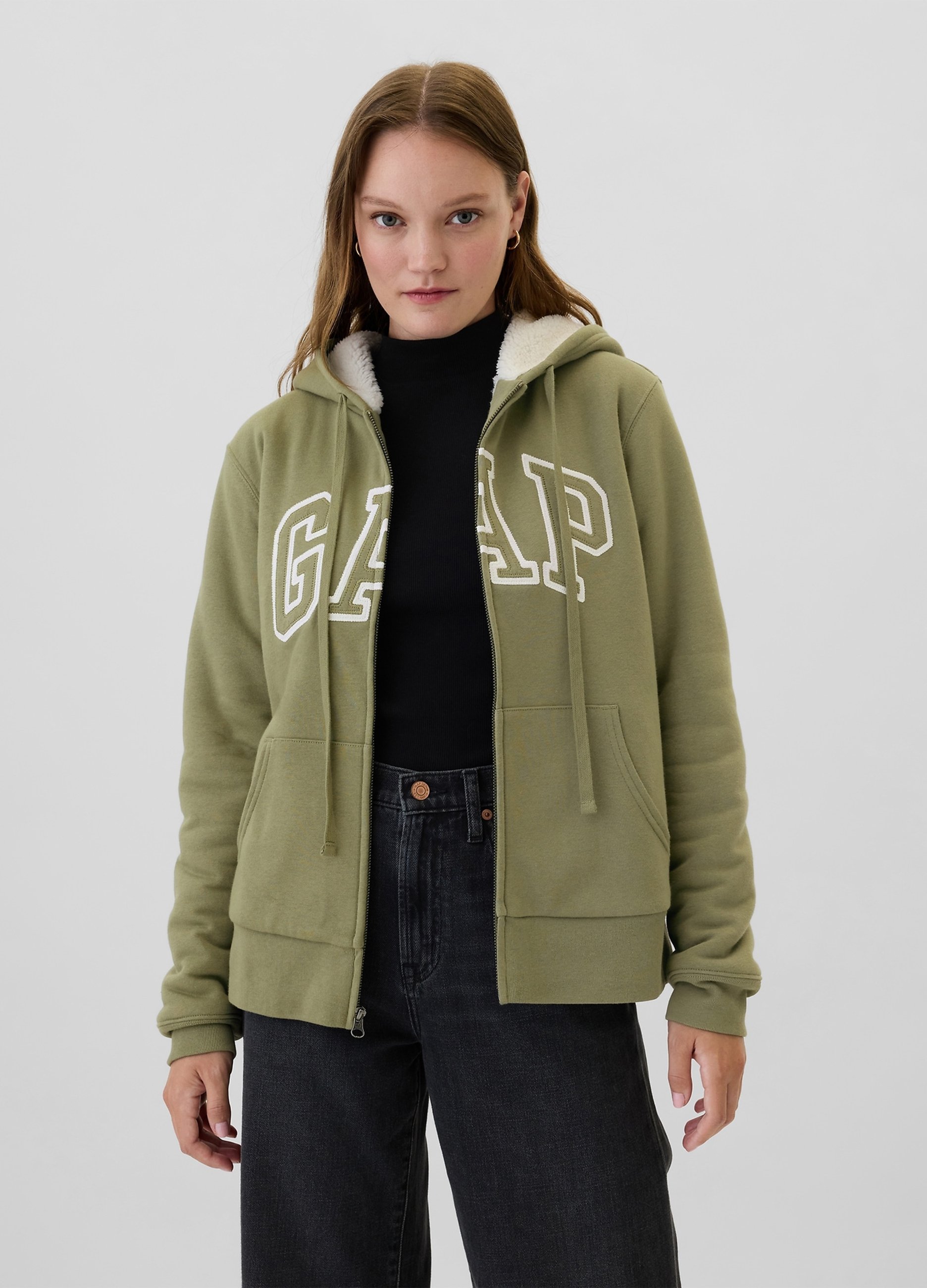 GAP, Full-zip Con Interno In Sherpa E Ricamo Logo, Donna, Verde, Taglia: XXS