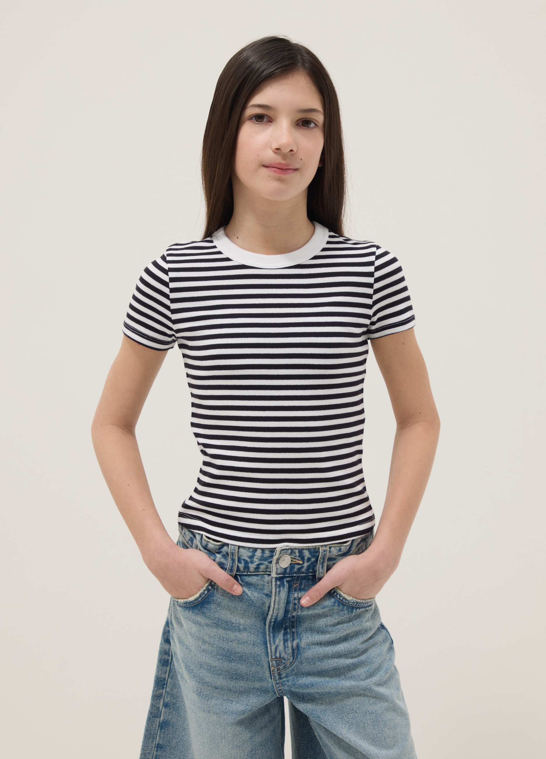 OVS KIDS, Camiseta De Niña Slim Fit De Algodón Elástico Con Rayas Multicolor, Niña, Blanco/negro, Talla: 12-13