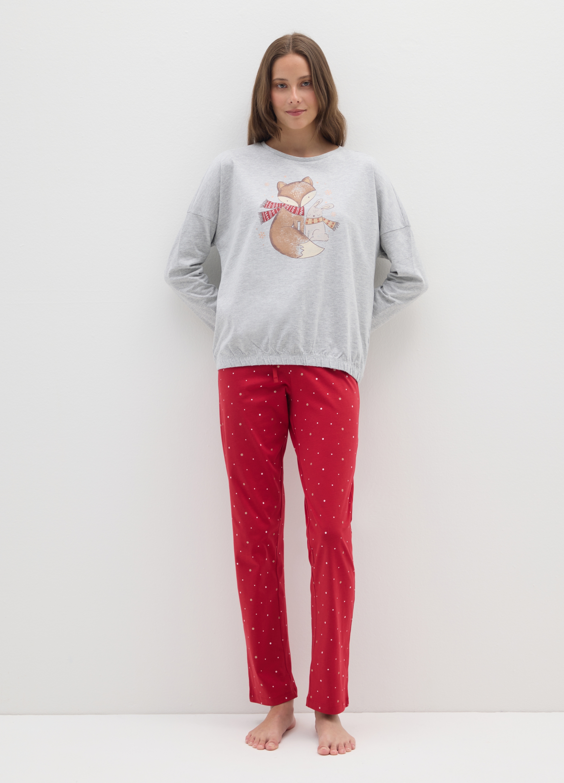 Pijama De Lunares Multicolor En Mezcla De Algodón Ajuste Regular Con Estampado, Mujer, Gris/rojo, Talla: S