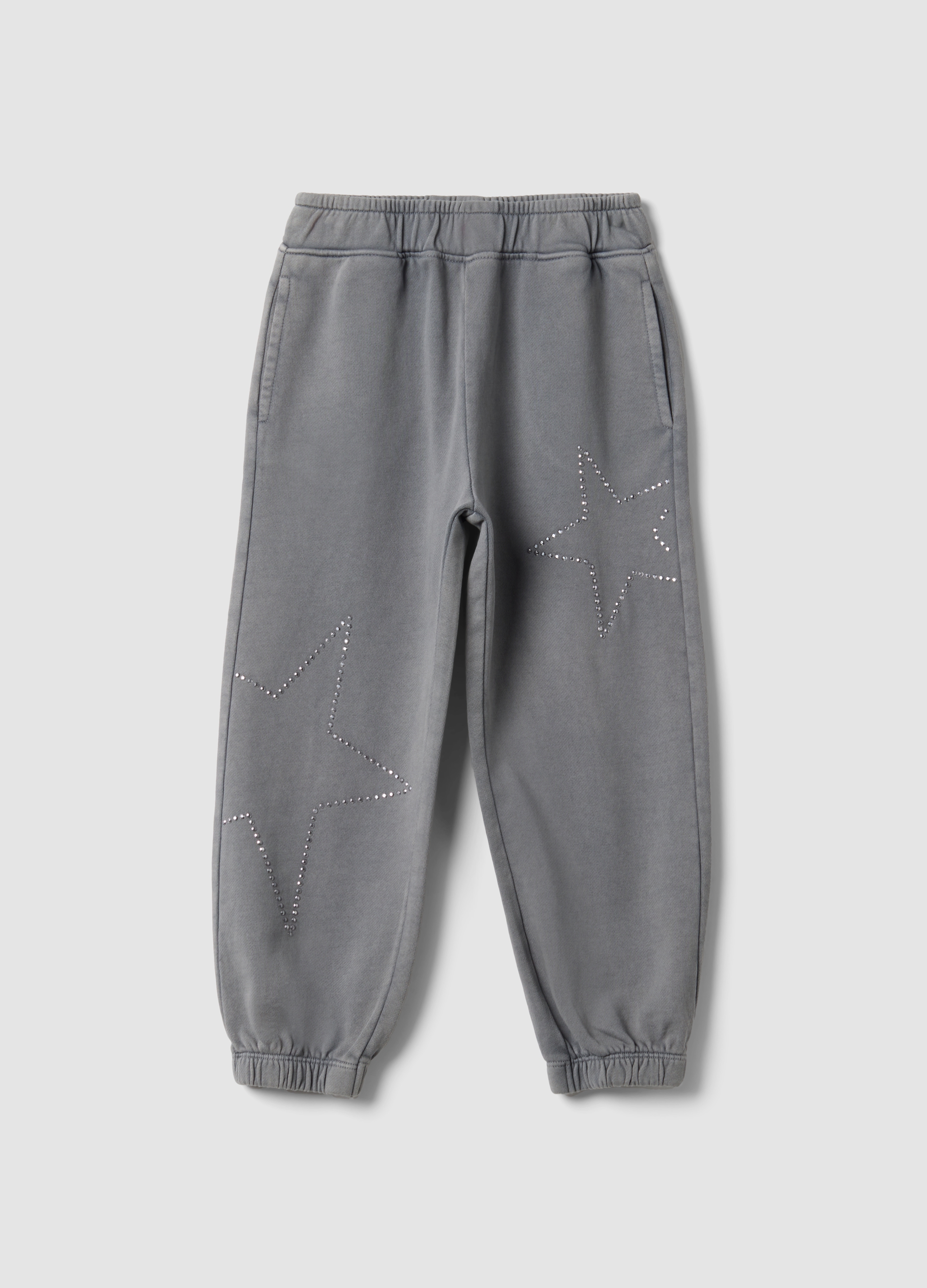 OVS KIDS, Pantaloni Jogger Grigi In Puro Cotone Con Strass Per Bambina, Grigio, Taglia: 9-10