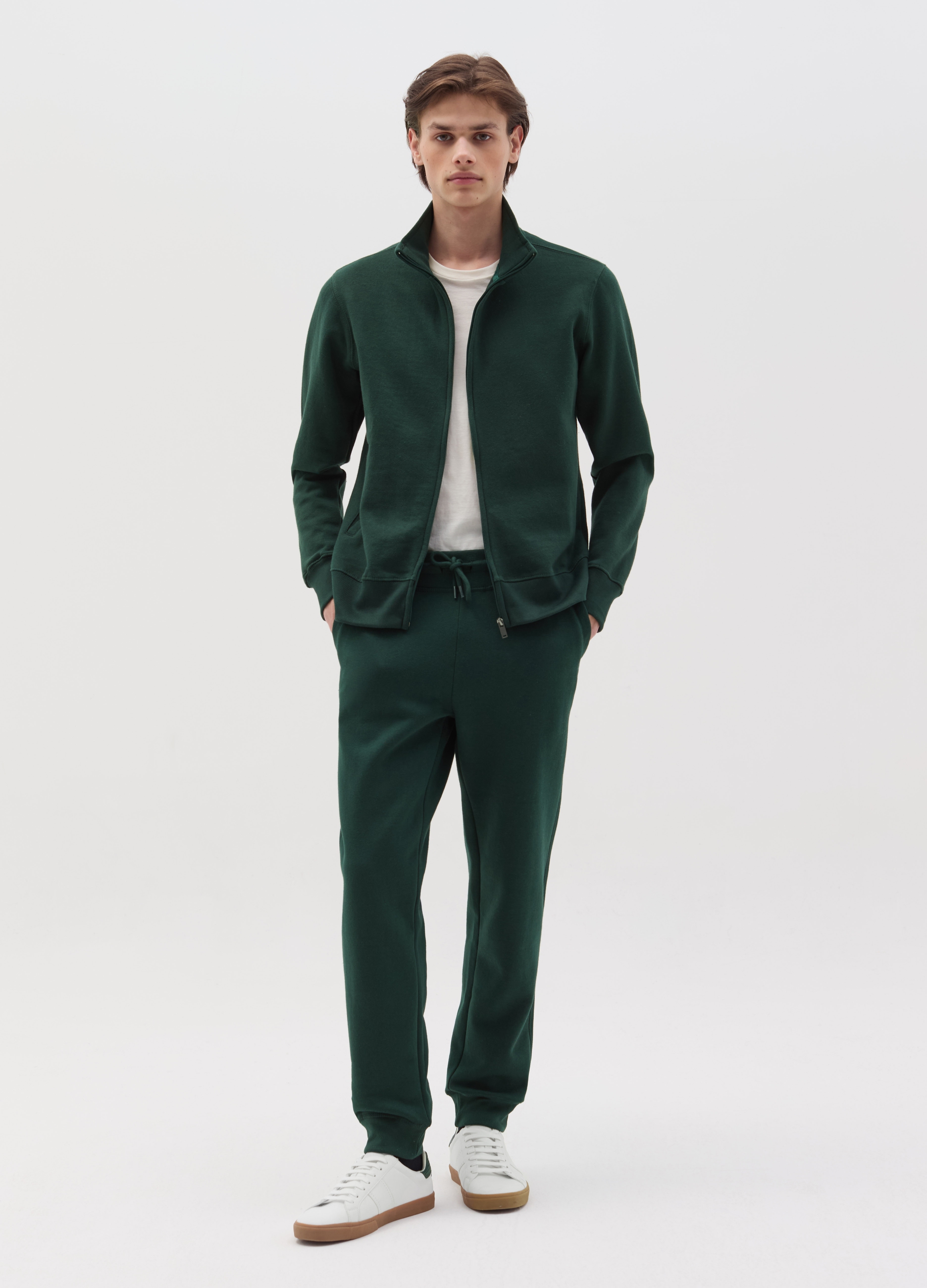 Sudadera Con Cremallera De Felpa Con Cuello Alto, Hombre, Verde oscuro, Talla: S