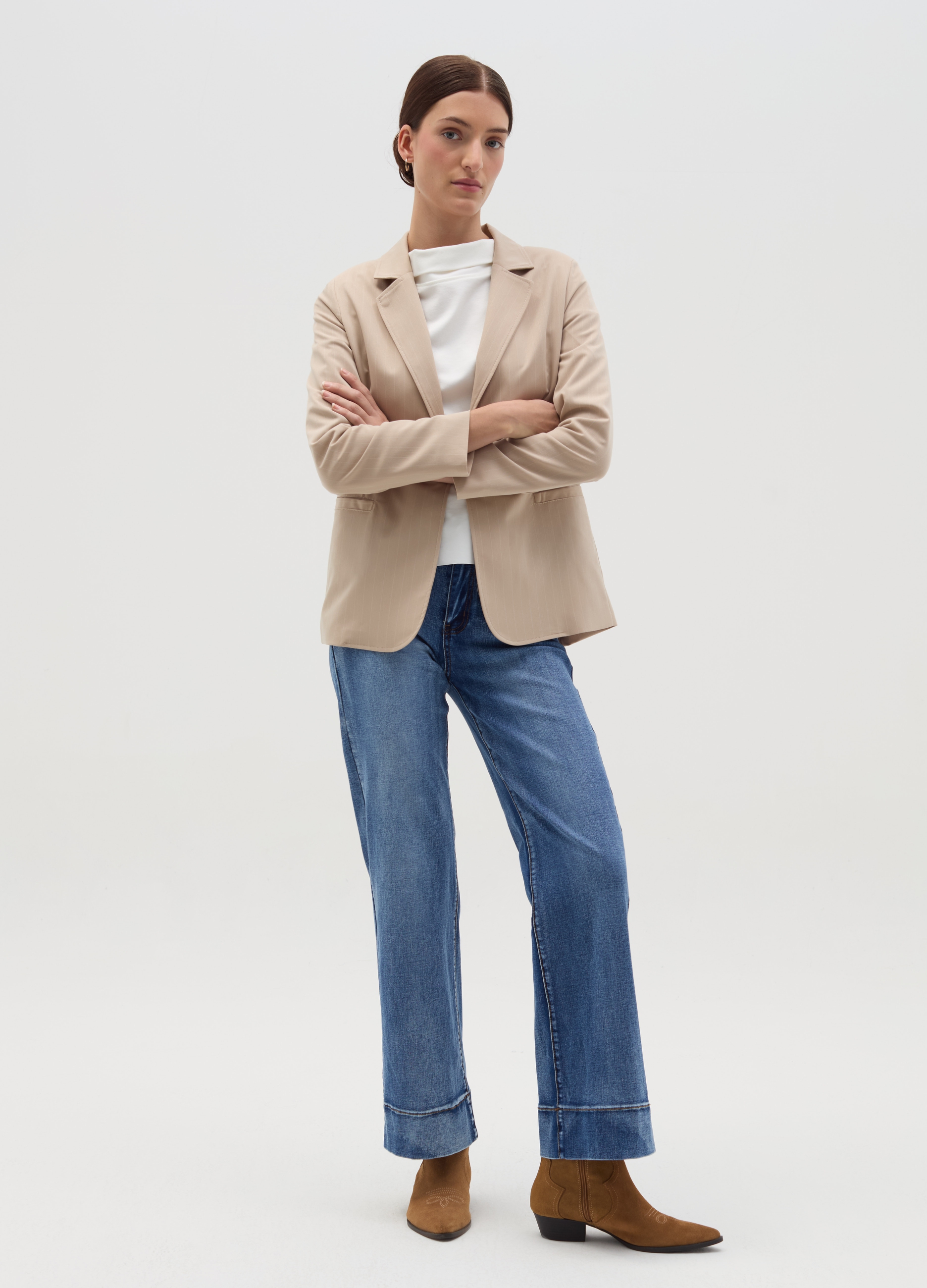HYBRID, Blazer Monopetto Gessato, Donna, Beige, Taglia: S