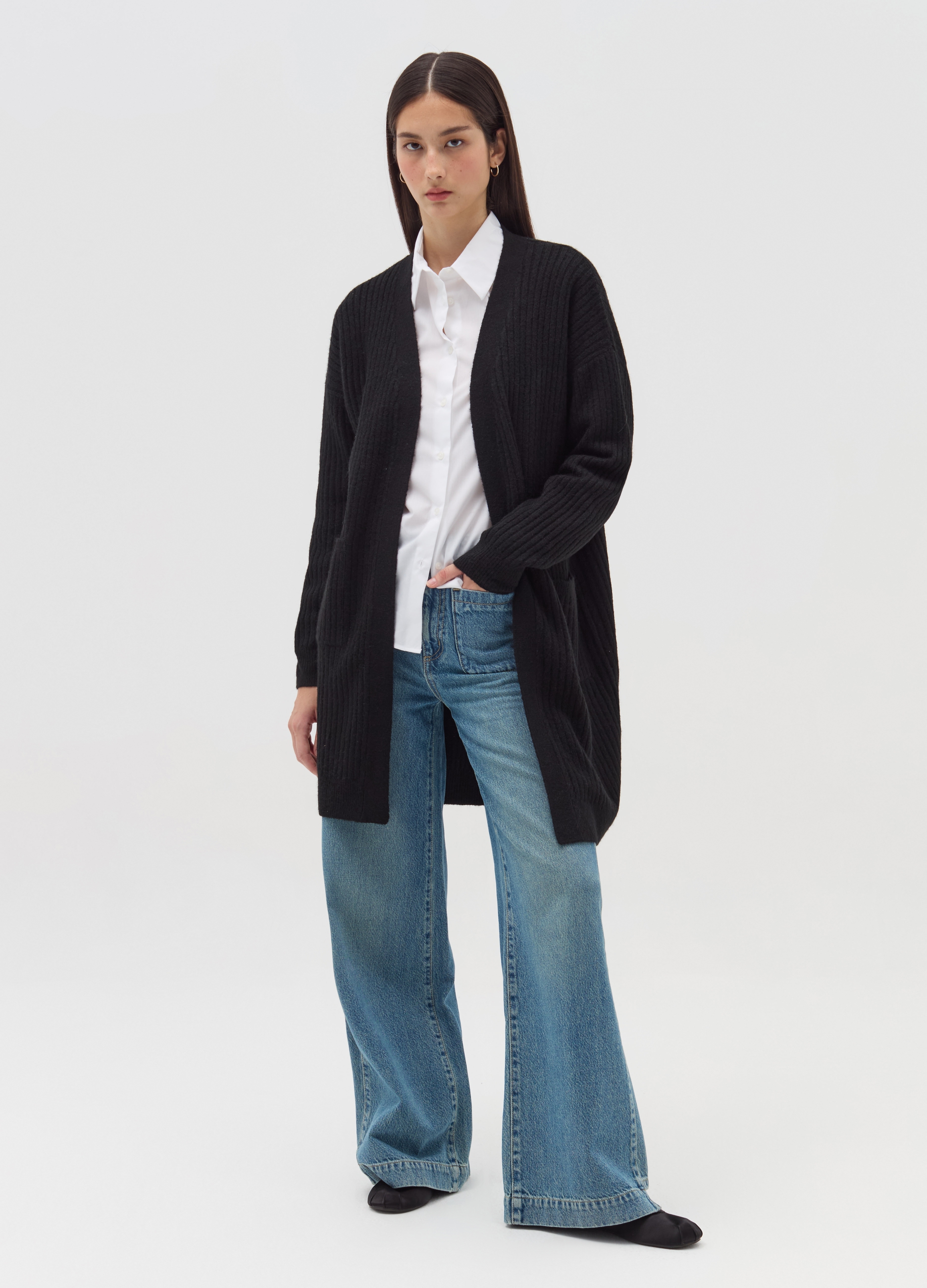 Cárdigan Largo Abierto En Canalé, Mujer, Negro, Talla: 38