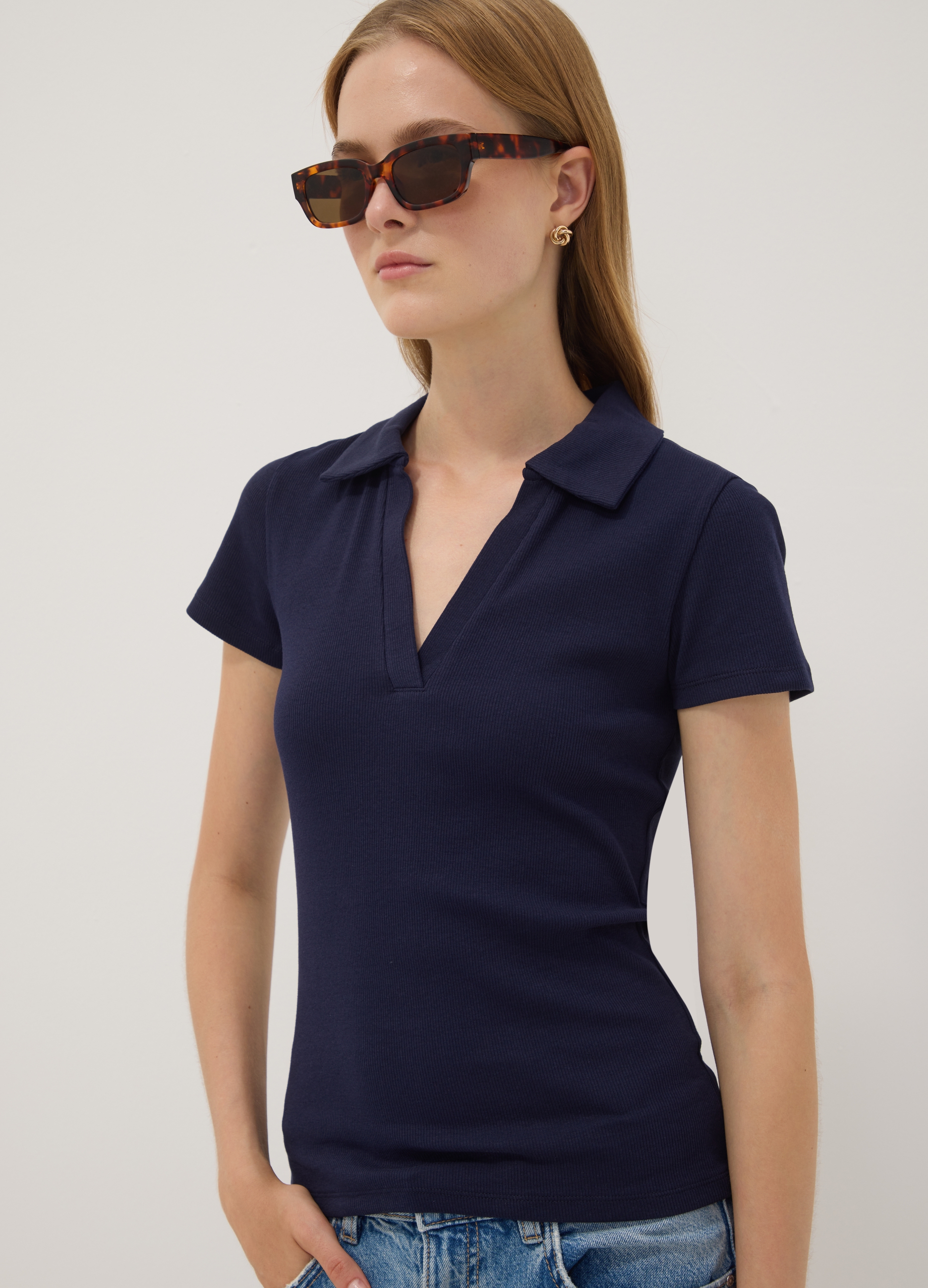 OVS, Polo Blu In Cotone Elasticizzato Con Scollo A V Aperto Regular Fit, Donna, Blu, Taglia: XXL