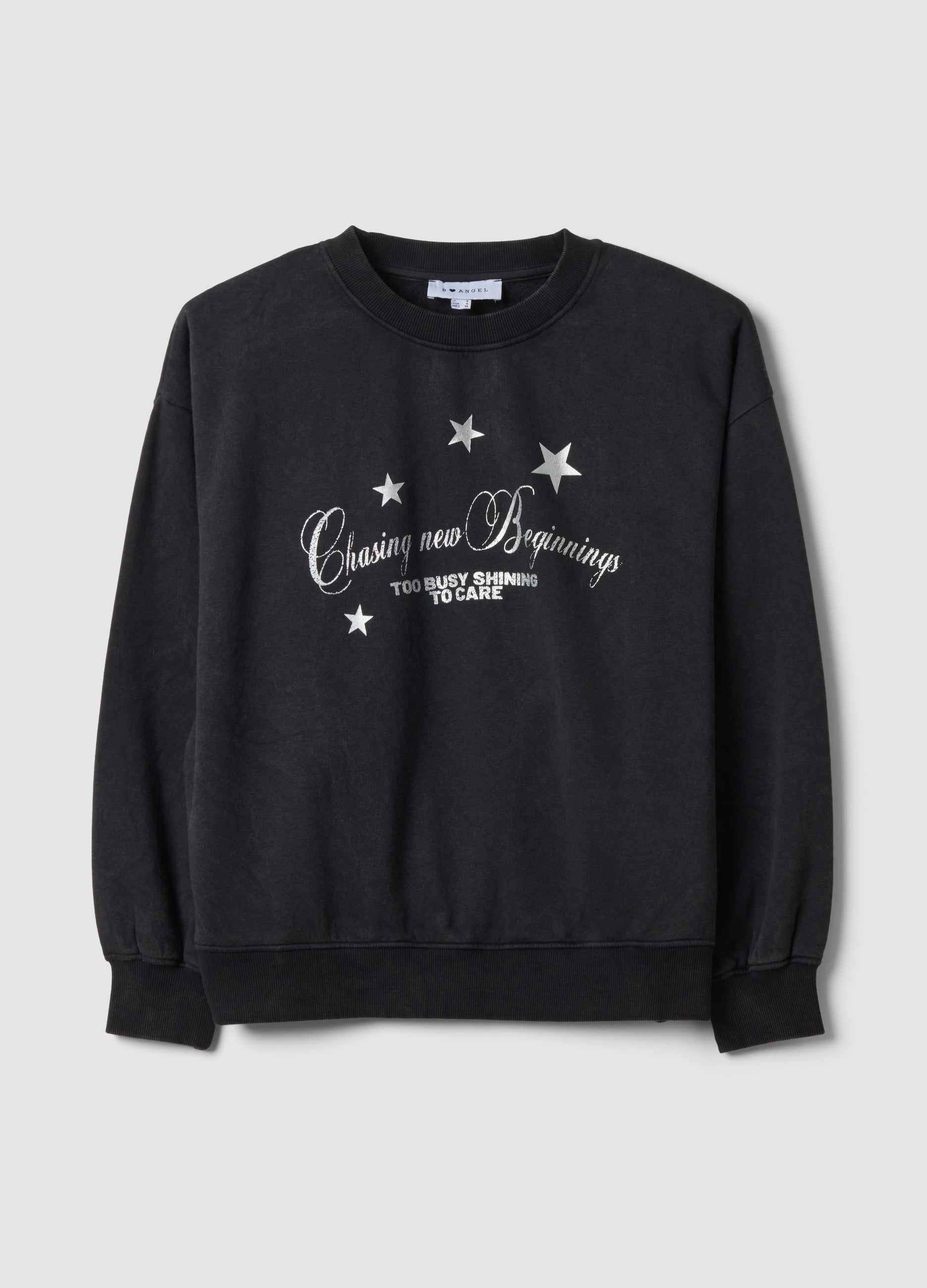 B.ANGEL, Felpa Nera In Misto Cotone Con Girocollo E Stampa Stelle, Donna, Nero, Taglia: XL