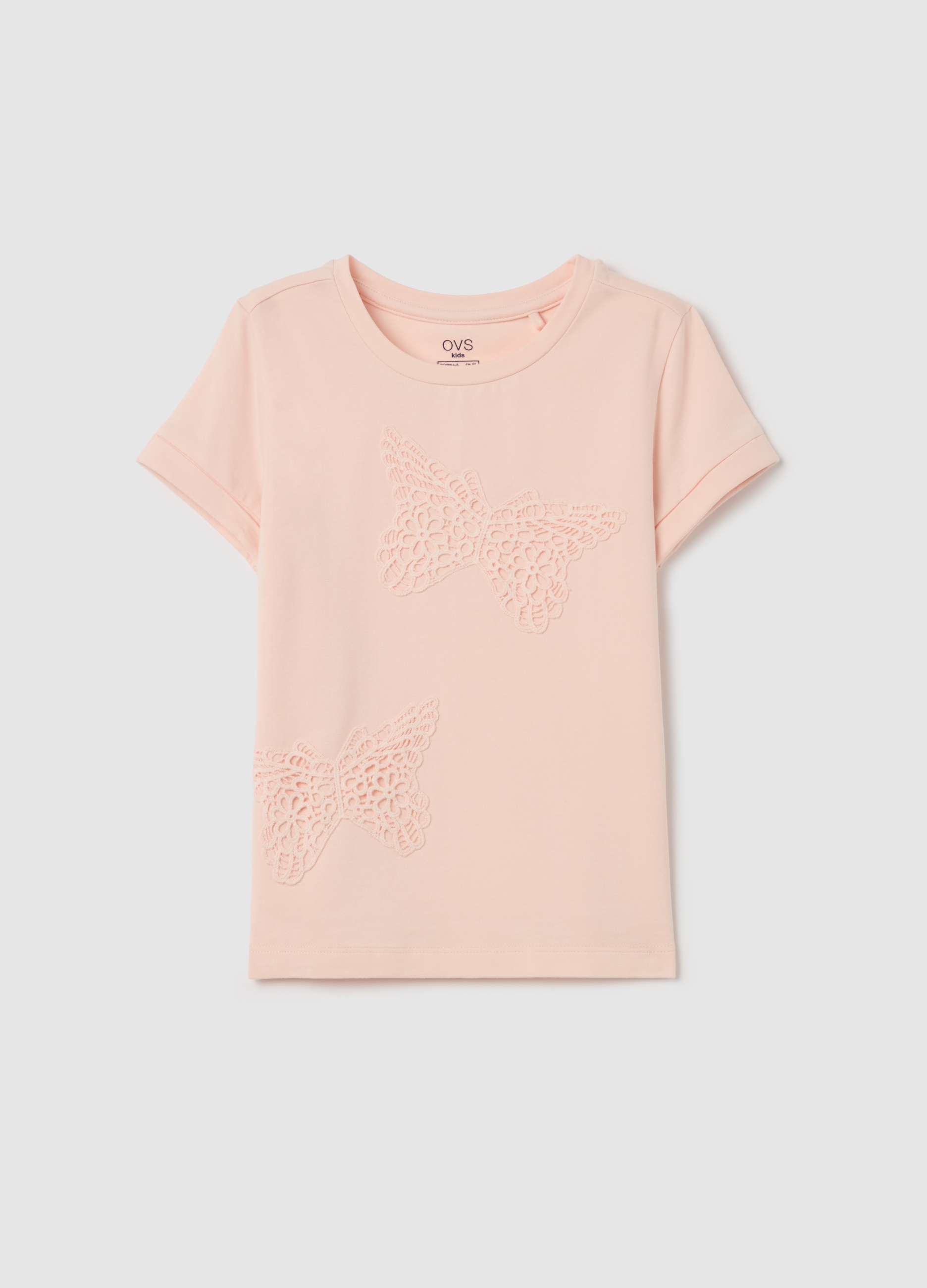 OVS, T-shirt In Cotone Stretch Con Farfalle Sangallo, Bambina, Rosa, Taglia: 3-4