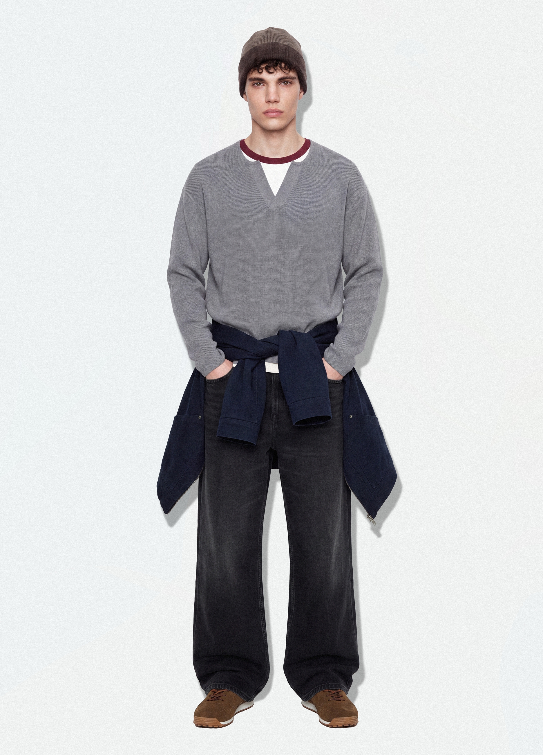 B.ANGEL, Maglia Grigia In Misto Cotone Con Scollo Serafino Regular Fit, Uomo, Grigio, Taglia: XS