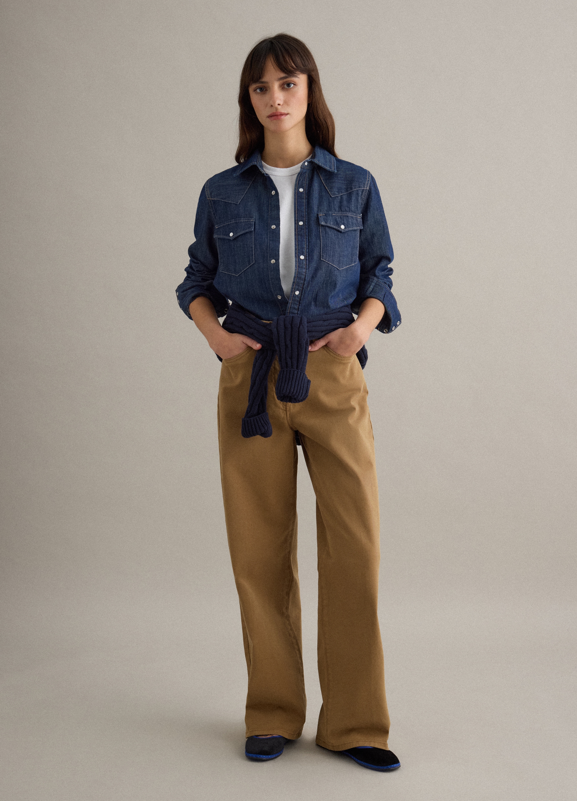 PIOMBO, Camisa Regular Fit De Denim Azul En Puro Algodón, Mujer, Azul marino, Talla: XS