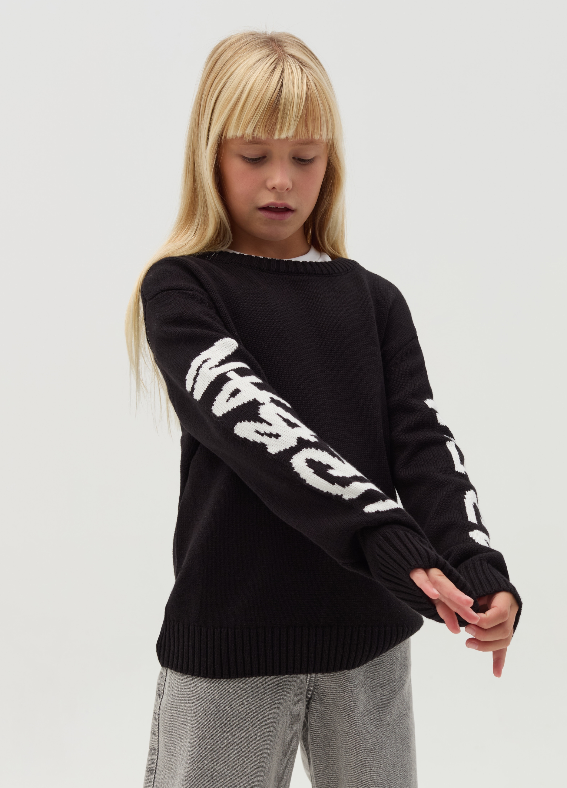 OVS KIDS, Pullover Oversize Con Lettering Jacquard, Bambina, Nero, Taglia: 10-11