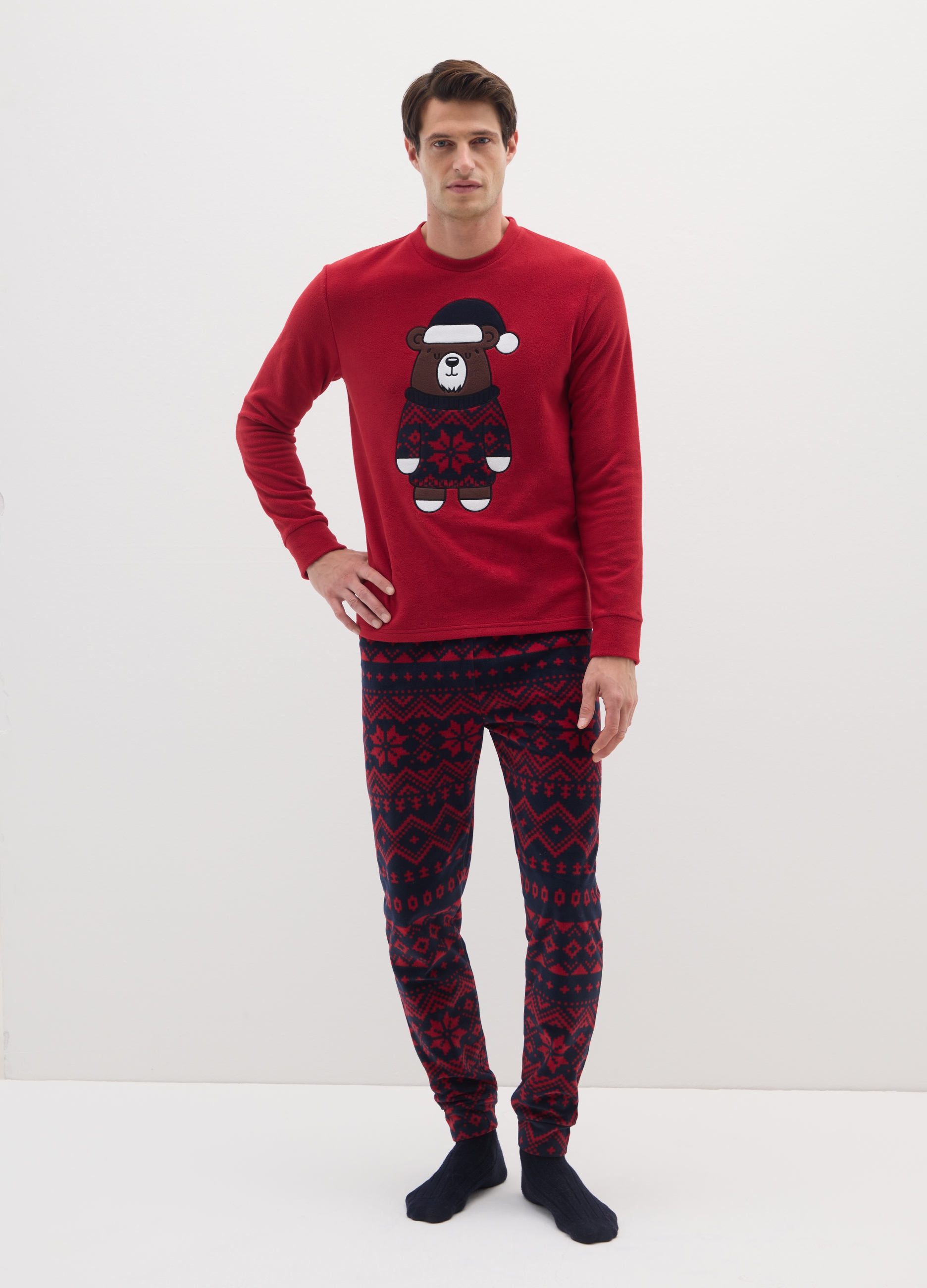 Pijamas Multicolor De Corte Regular Con Motivo Navideño, Hombre, Rojo/Azul, Talla: S