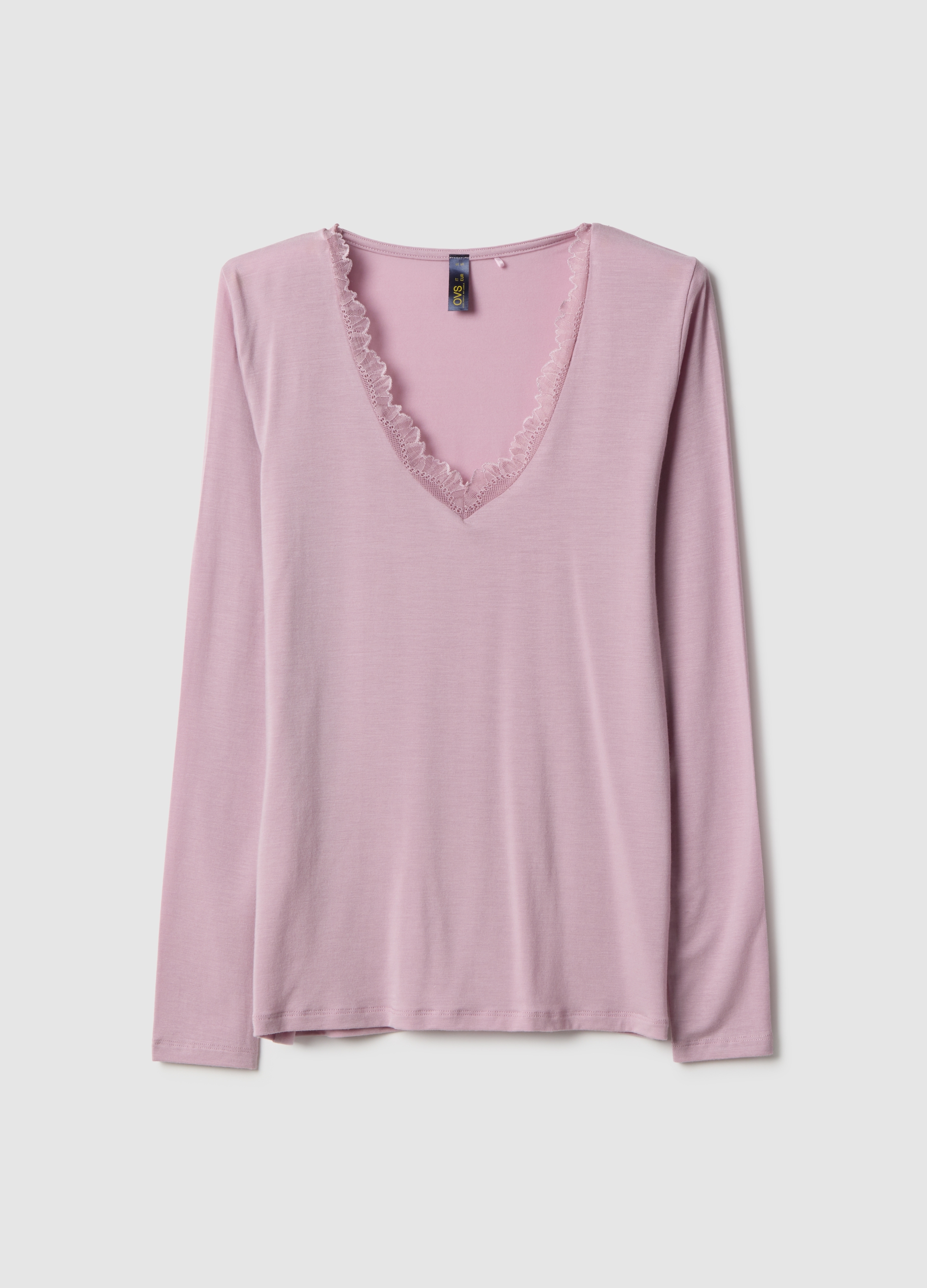 Camiseta Rosa De Manga Larga, Ajuste Regular Con Bordes De Encaje, Mujer, Rosa en polvo, Talla: L