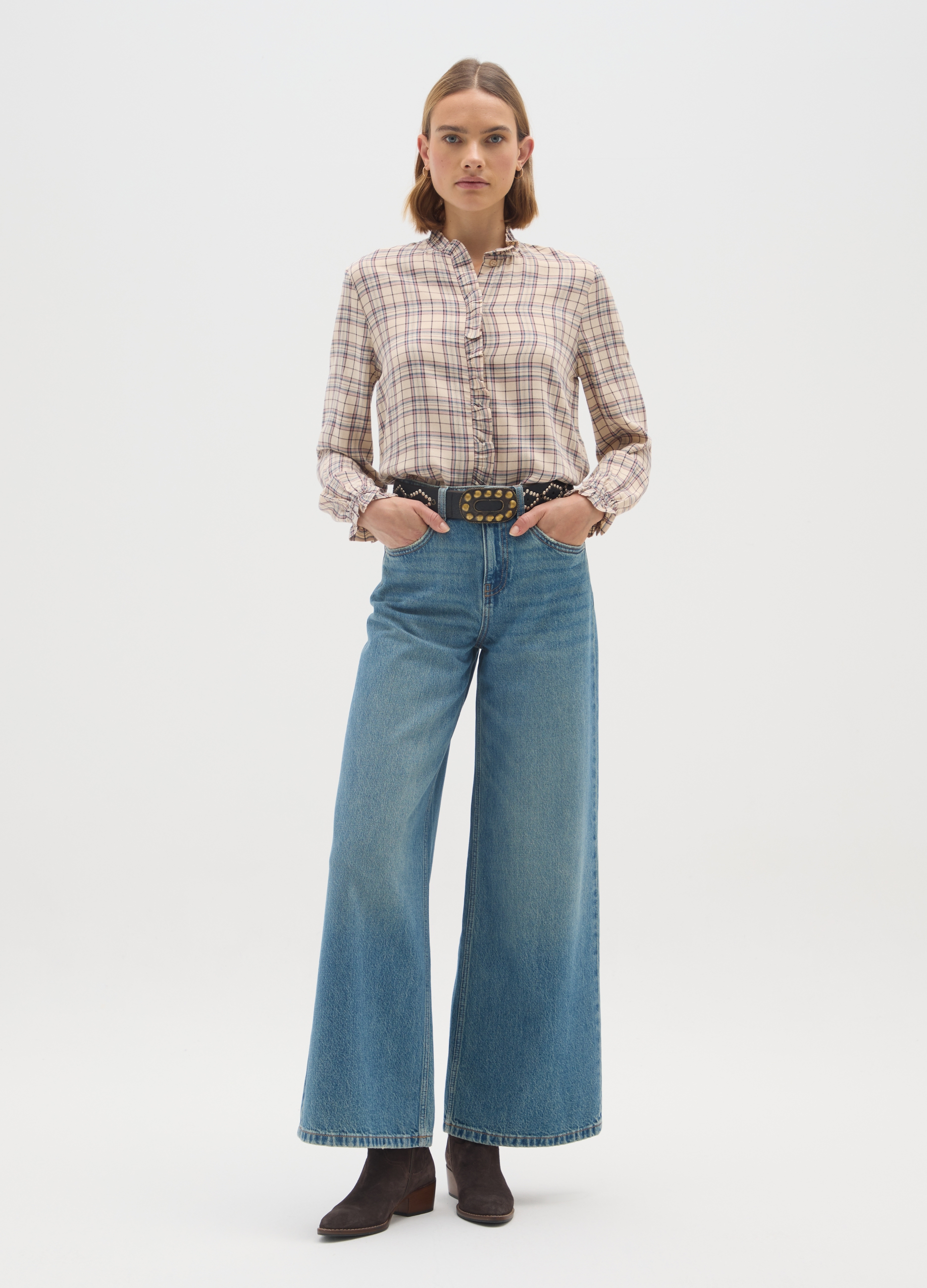 Camisa De Franela A Cuadros Multicolor Corte Relajado, Mujer, Beige/Rosa, Talla: 42