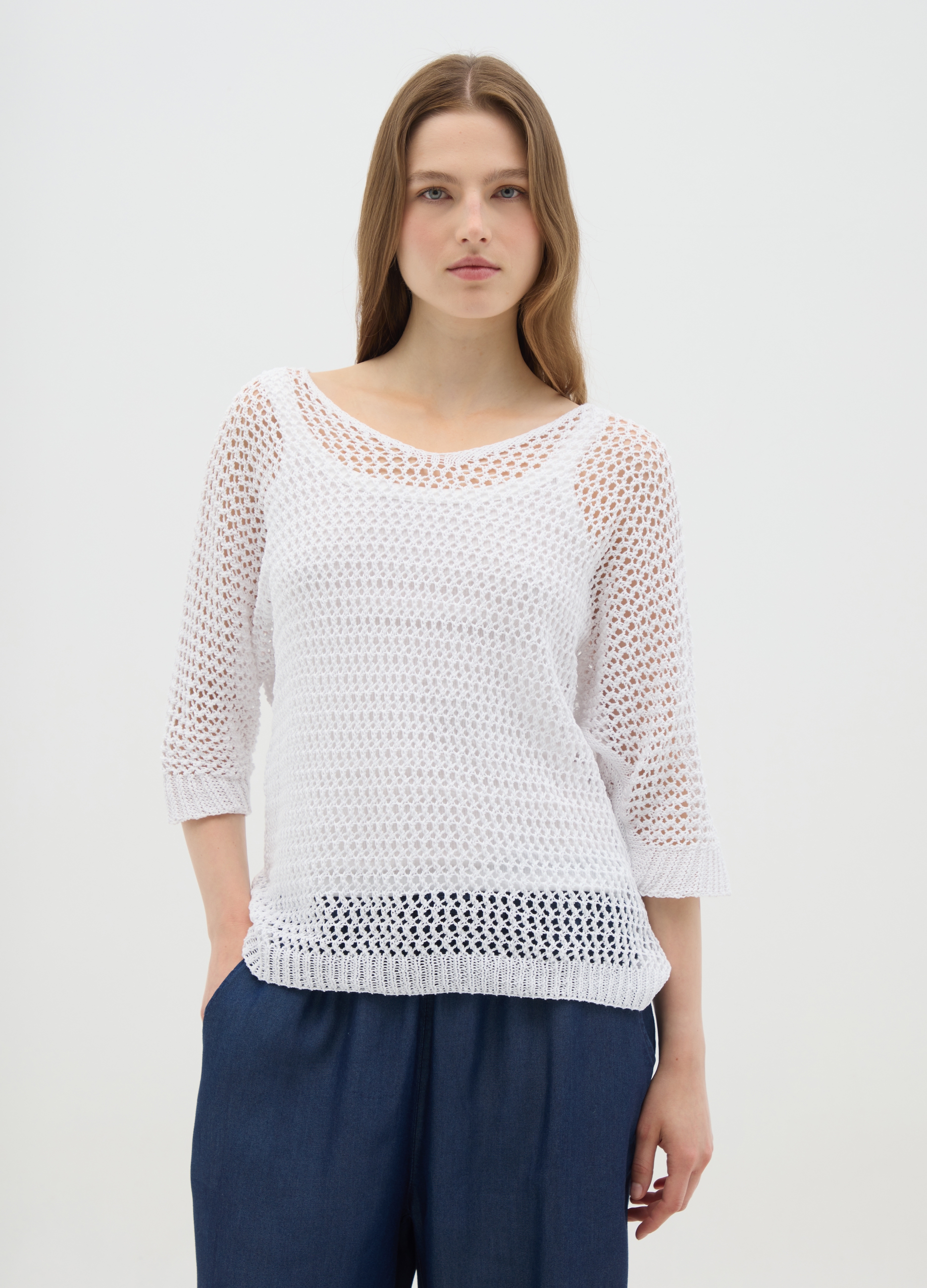HYBRID, Maglione Da Donna In Cotone Bianco Regular Fit, Bianco, Taglia: S/M