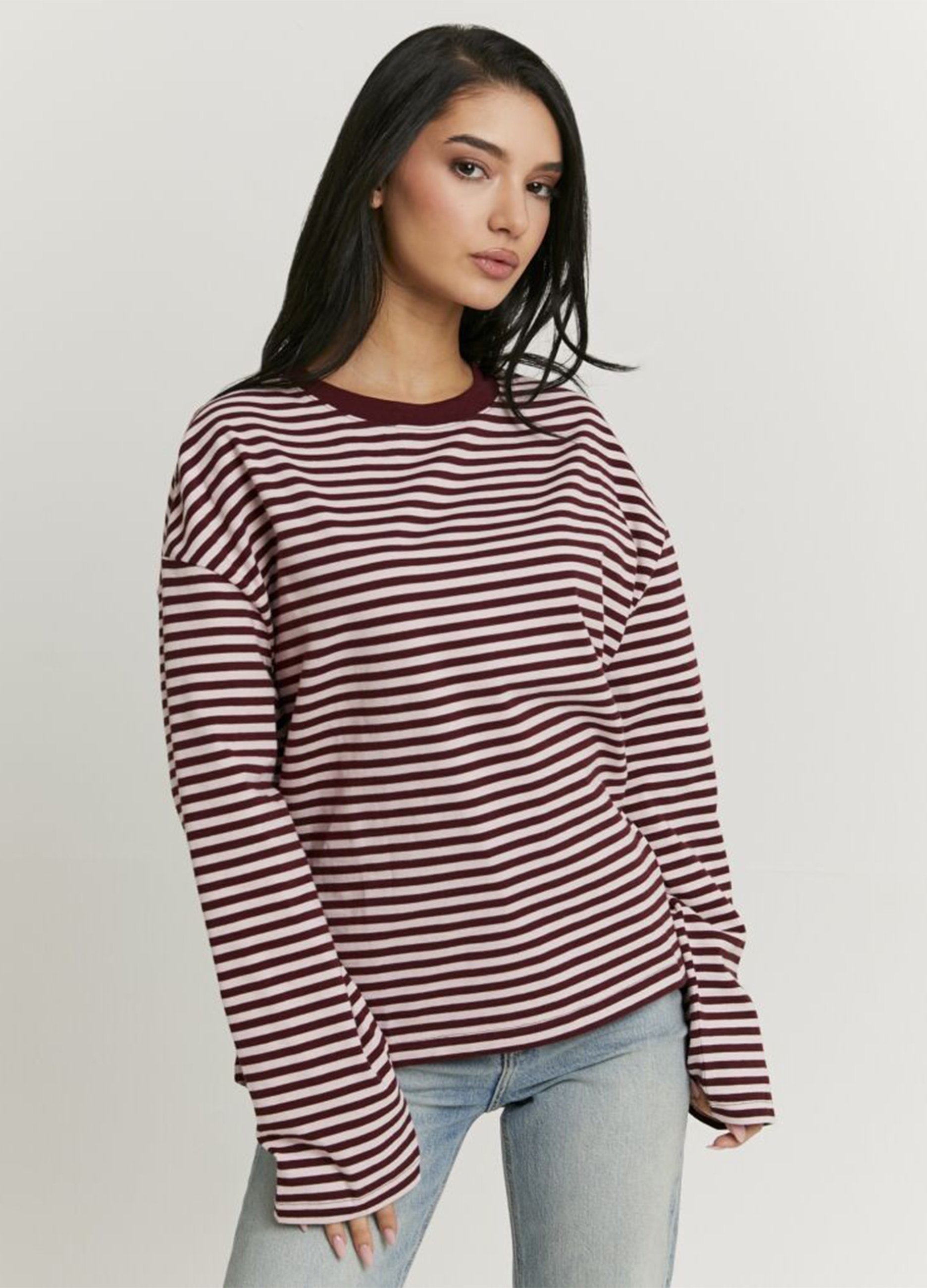 TALLY WEIJL, Camiseta De Manga Larga Con Rayas Burdeos En Algodón 100% De Corte Regular, Mujer, Blanco/rojo, Talla: L