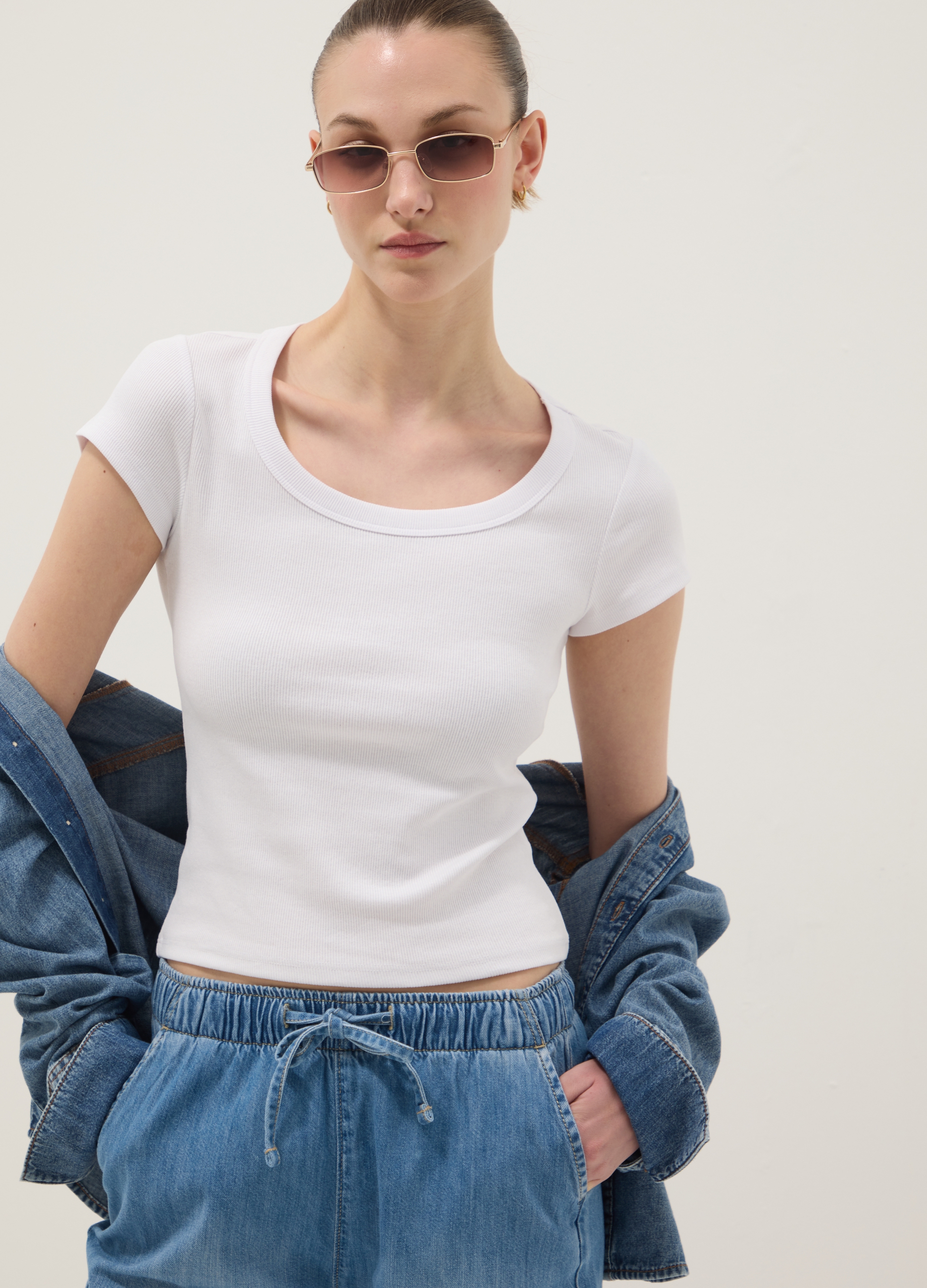 OVS, T-shirt Fitted A Maniche Corte In Cotone Elasticizzato Bianca, Donna, Bianco, Taglia: S