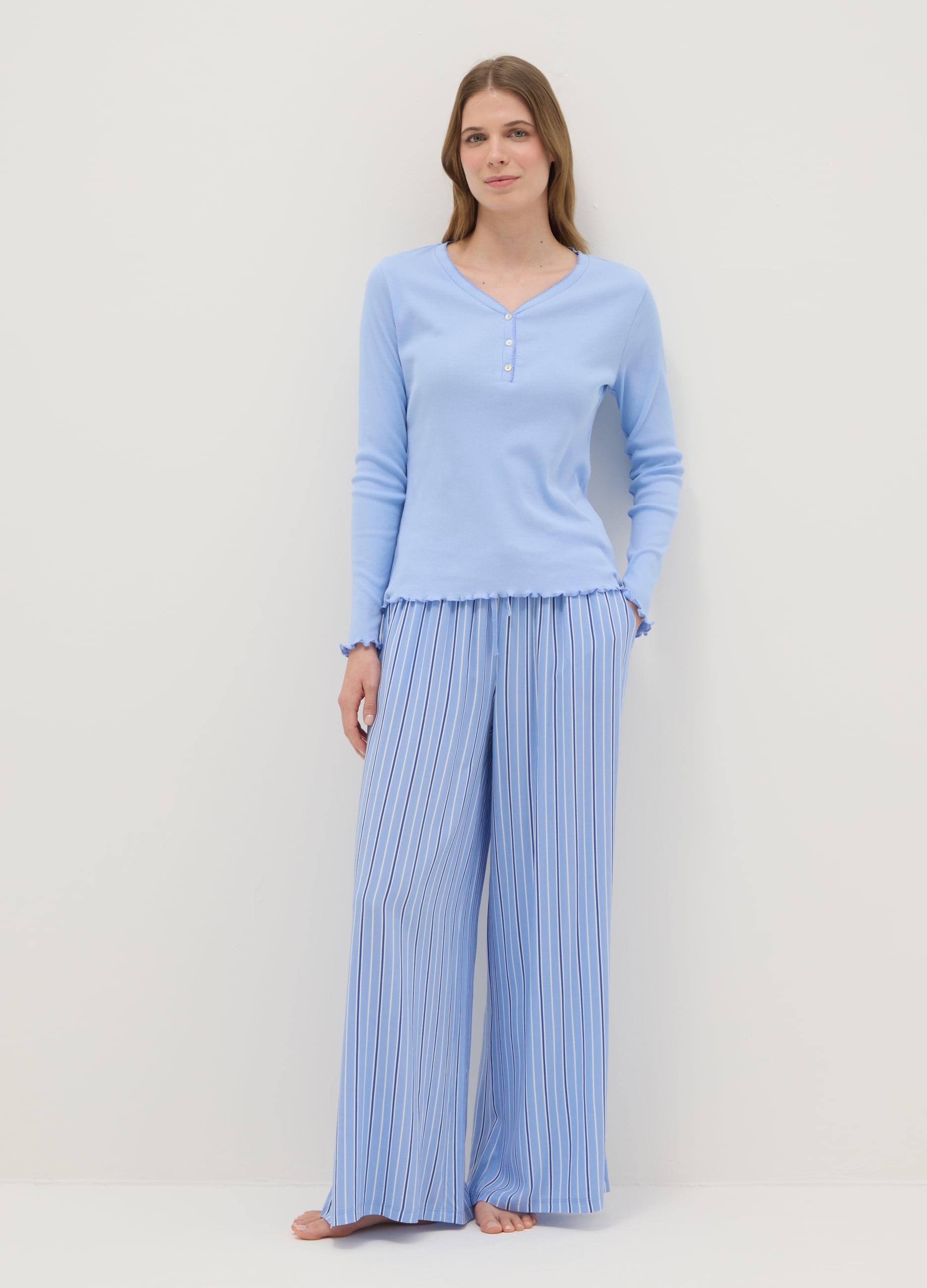 Ovs Donna Azzurro Pantaloni Pigiama In Pura Viscosa Azzurri A Righe Regular Fit, Taglia: L