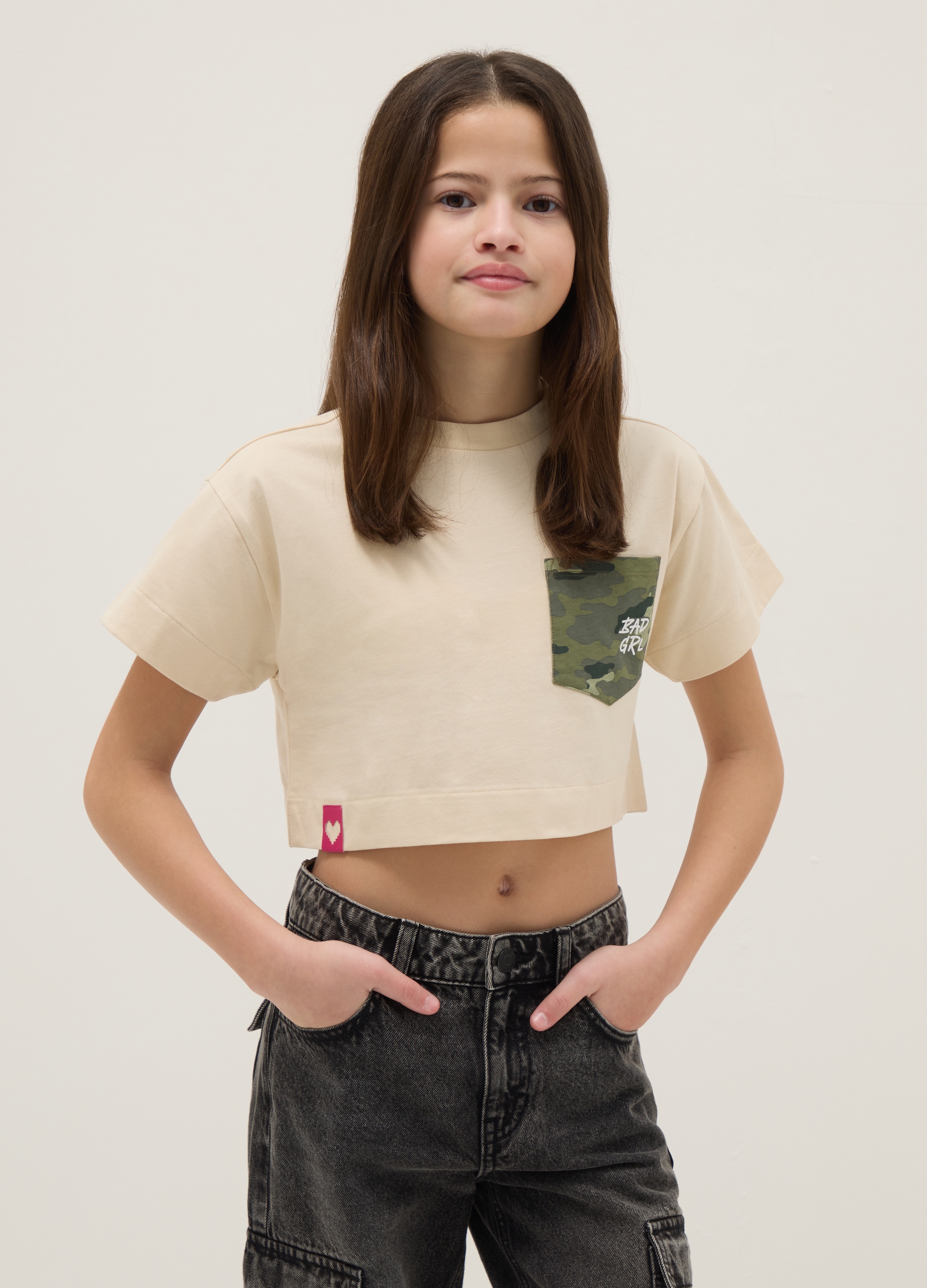 OVS KIDS, Camiseta Beige De Algodón Puro Para Niñas Corte Boxy Con Bolsillo De Camuflaje, Niña, Beige Claro, Talla: 10-11