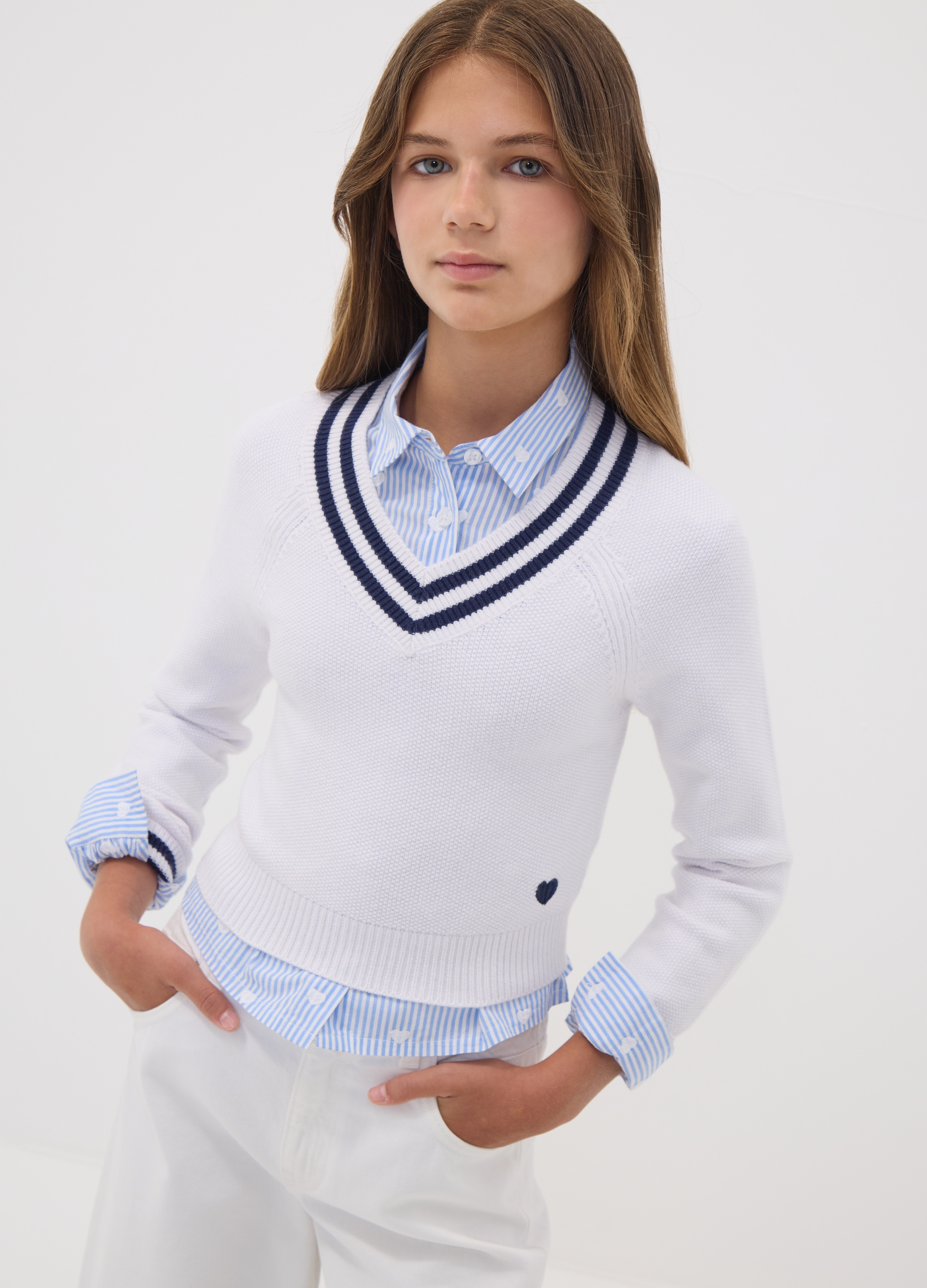 OVS KIDS, Maglia Bianca In Misto Viscosa Con Scollo A V E Righe Per Ragazza, Bambina, Bianco, Taglia: 11-12