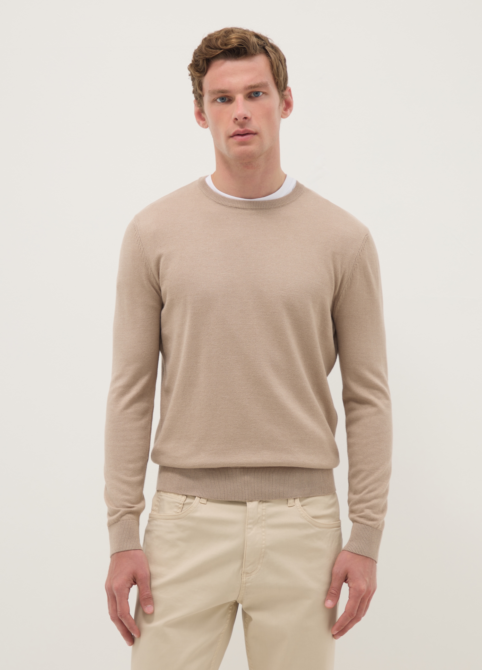 Jersey Beige De Cuello Redondo En Mezcla De Algodón De Corte Regular, Hombre, Arena, Talla: XXL