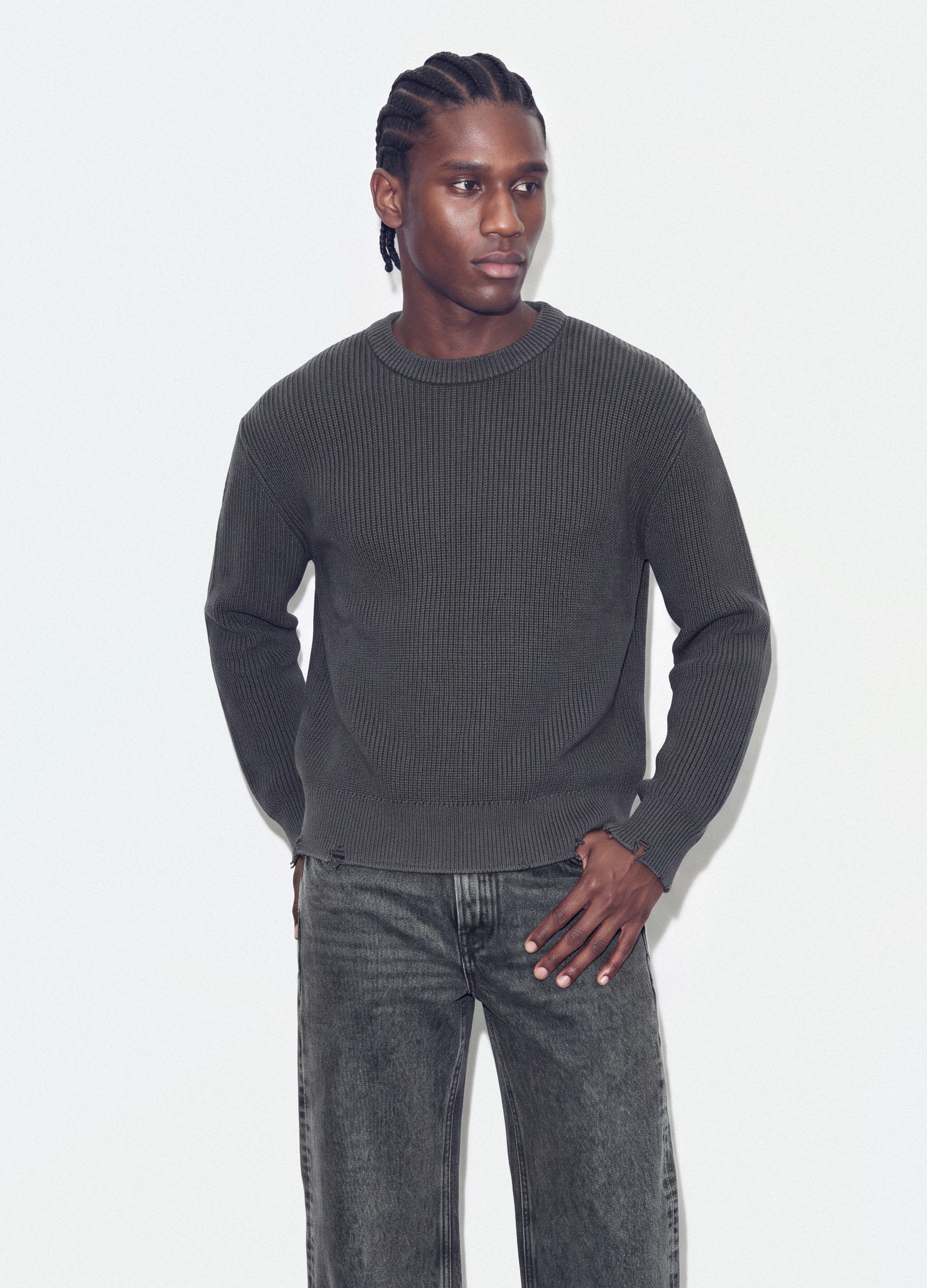 B.ANGEL, Maglia Grigia In Puro Cotone A Coste Con Girocollo Regular Fit, Uomo, Grigio, Taglia: XL