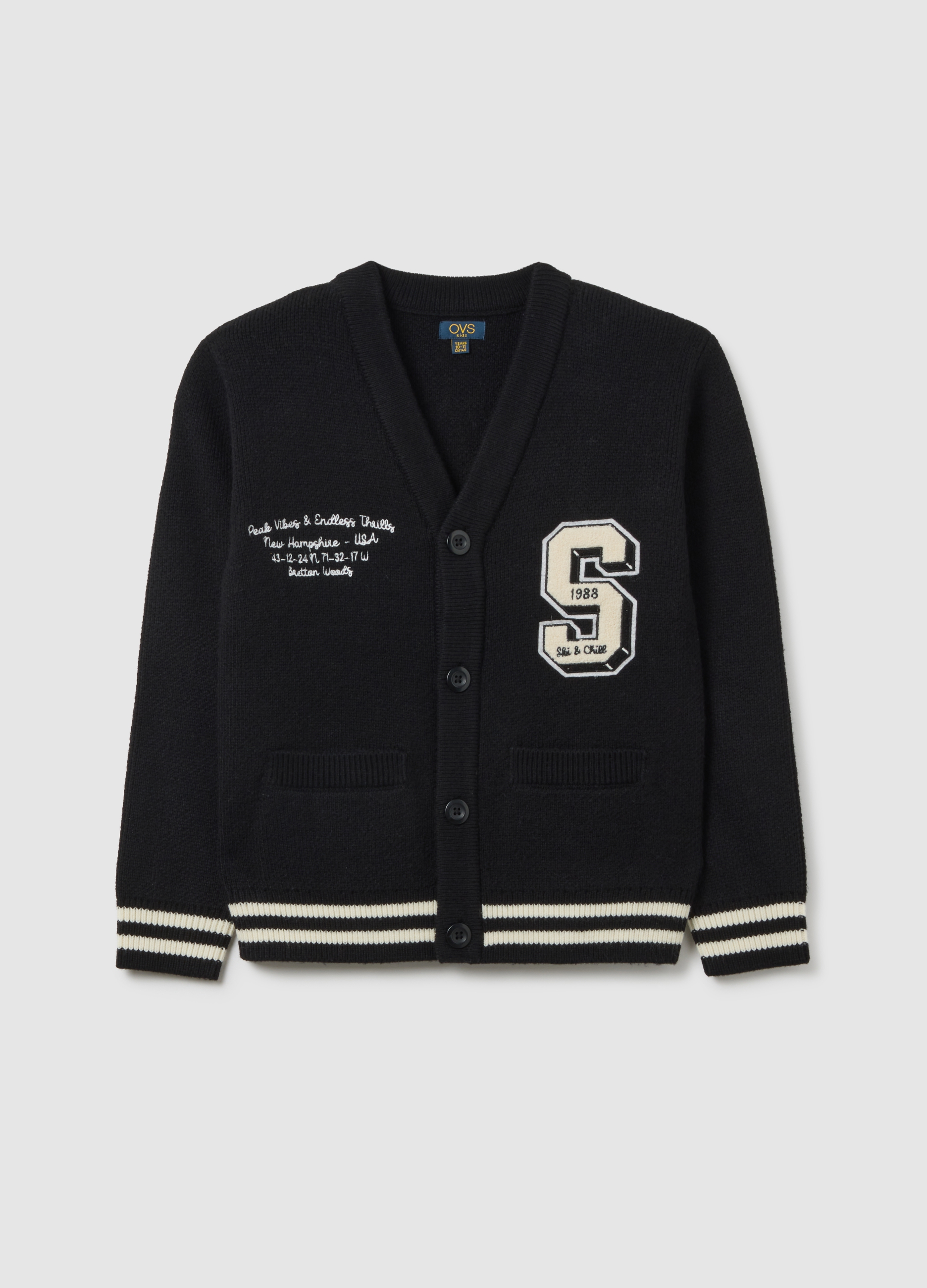 OVS KIDS, Cardigan Multicolor Deep V Da Ragazzo Over Fit Con Ricamo, Niño, Negro/Blanco, Talla: 13-14