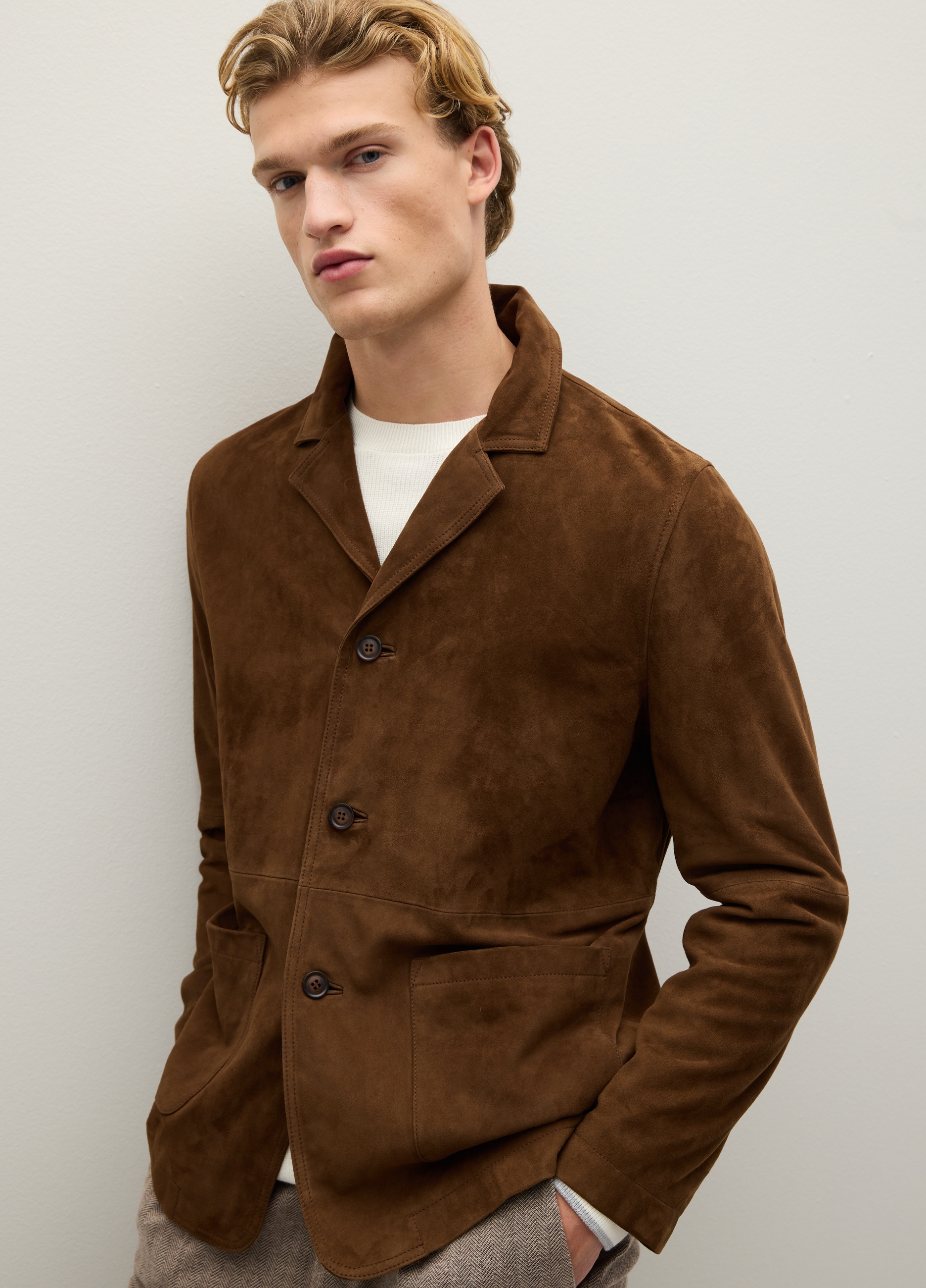 Piombo Contemporary, Chaqueta Shacket De Cuero Auténtico Con Botones Y Bolsillos, Hombre, Marrón oscuro, Talla: 40