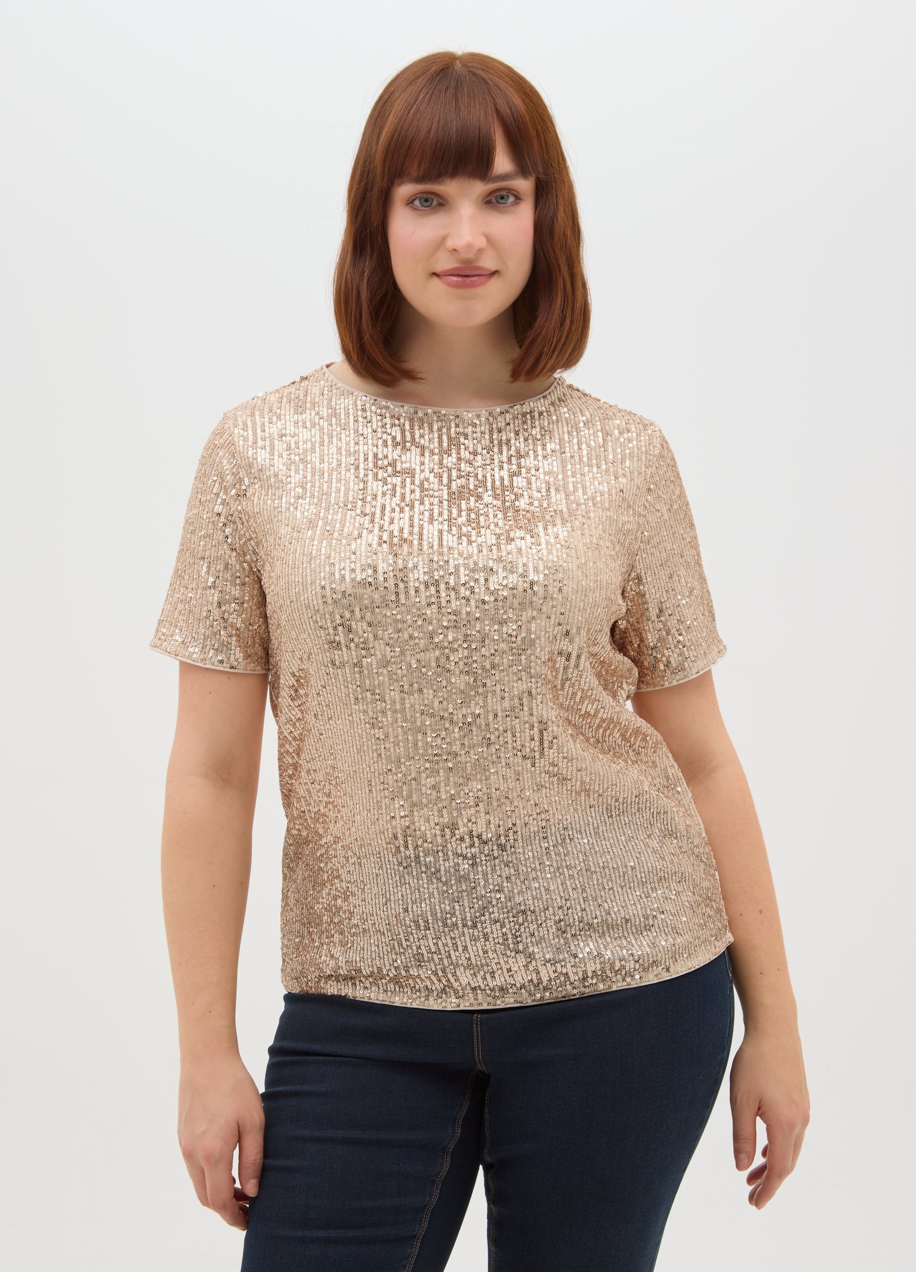 MYA, T-shirt A Maniche Corte Beige Regular Fit Con Paillettes, Donna, Beige, Taglia: M