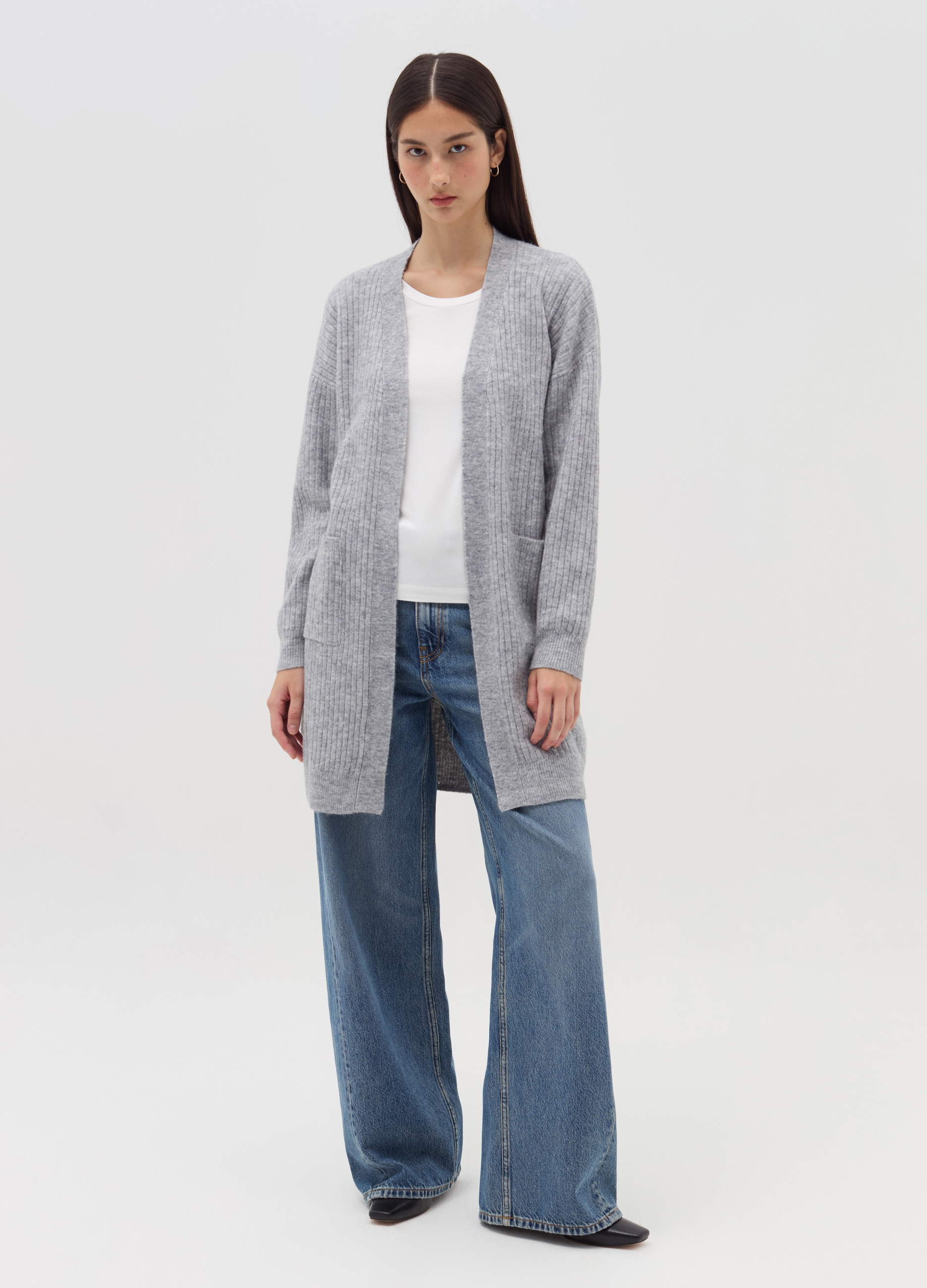 OVS, Cárdigan Largo Abierto En Canalé, Mujer, Gris jaspeado, Talla: 36