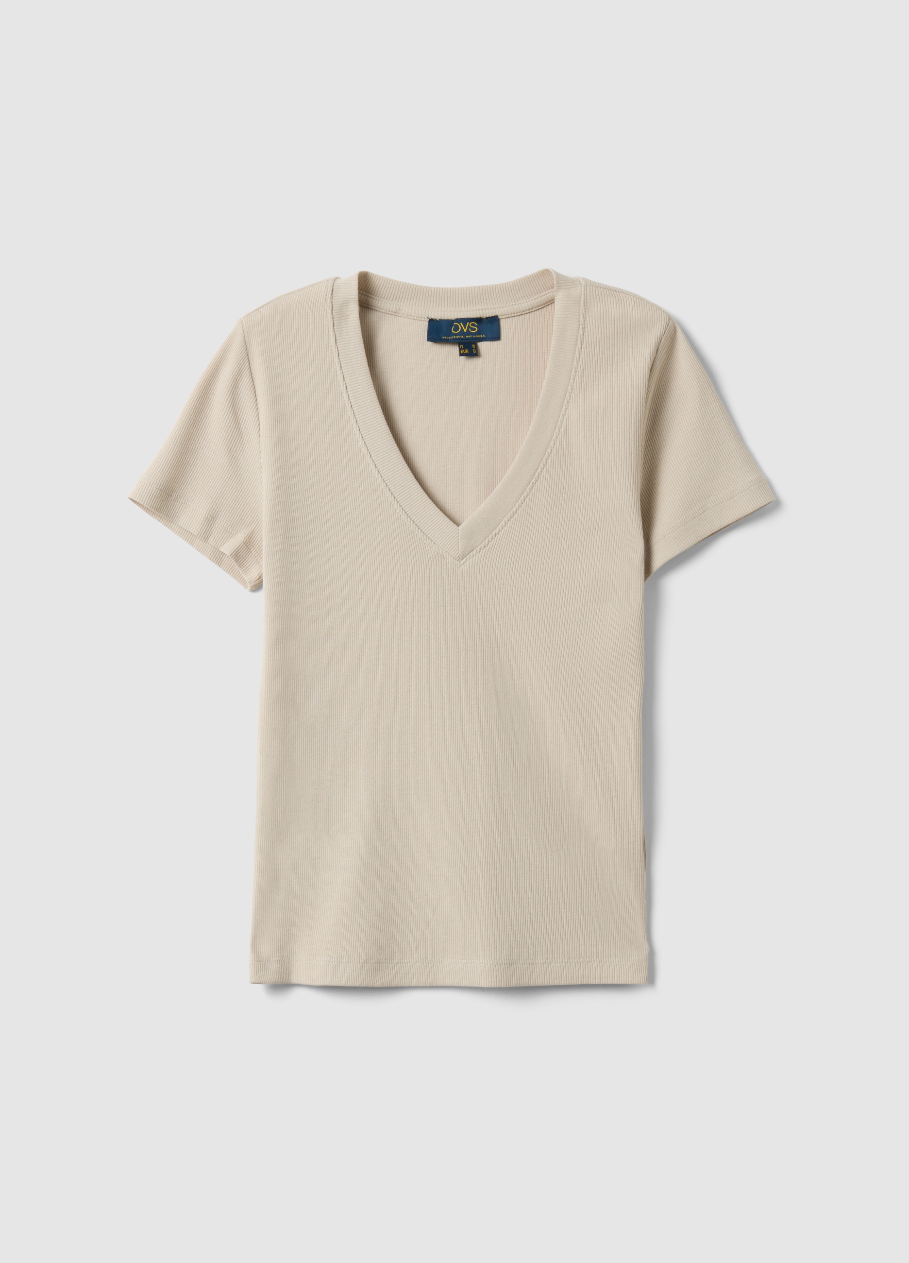Camiseta Beige De Algodón Elástico Ajuste Regular Con Escote En V Profundo, Mujer, Beige Jaspeado, Talla: XXL
