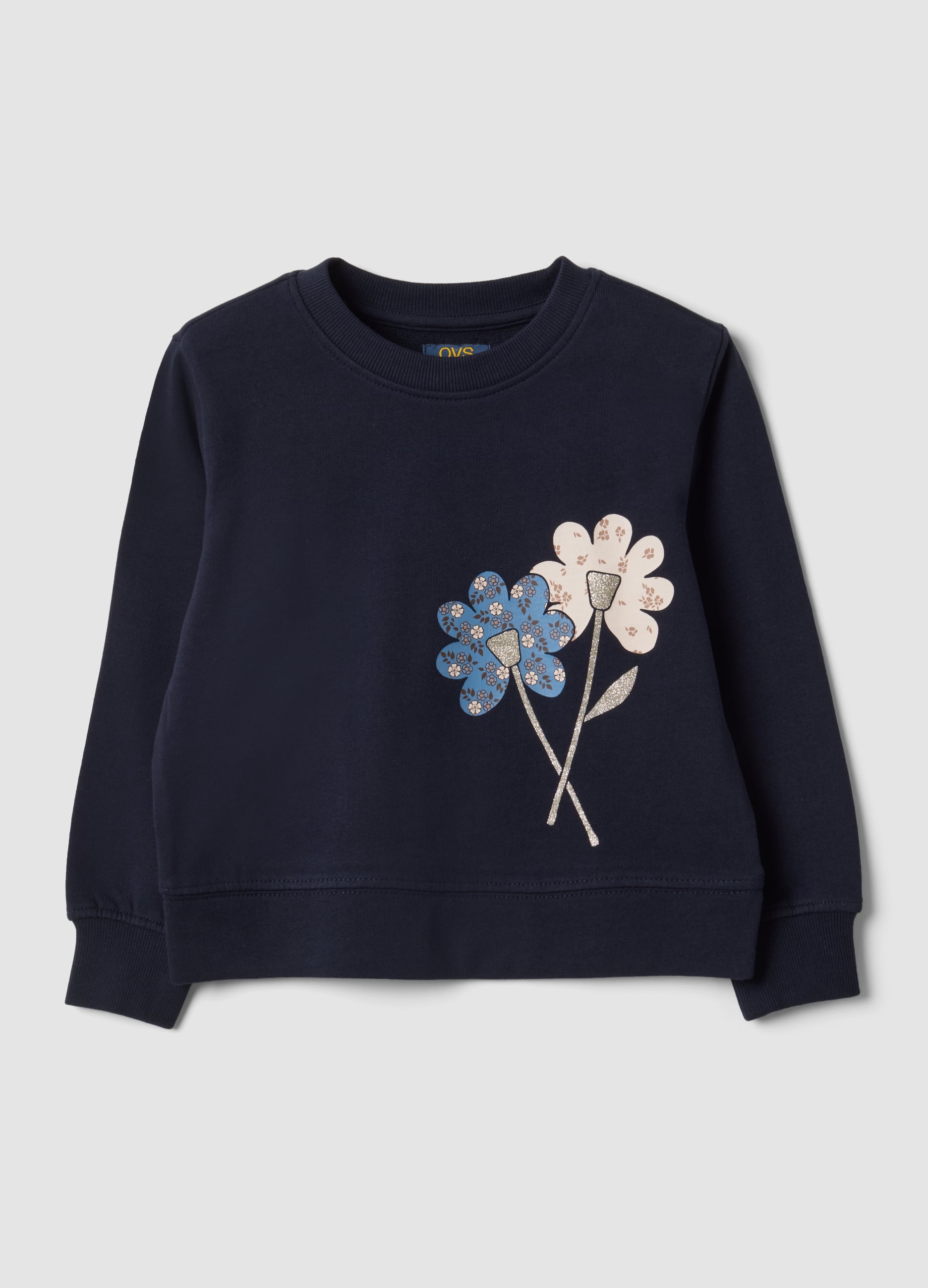 OVS KIDS, Felpa Blu In Puro Cotone Con Girocollo E Stampa Floreale, Bambina, Blu, Taglia: 9-10
