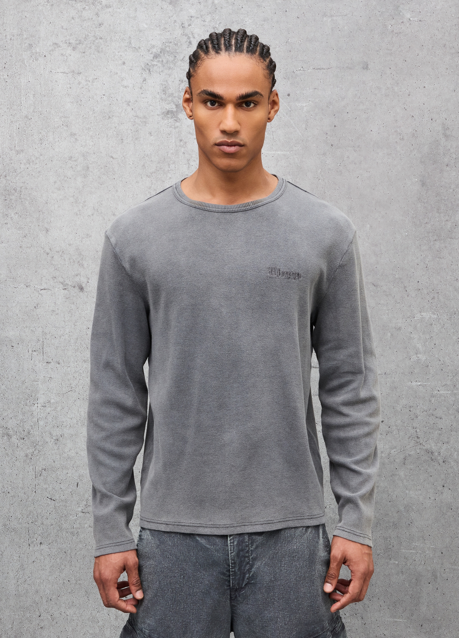 UTOPJA, Ribbed Longsleeve T-shirt Washed Grey, Hombre, Gris pizarra, Talla: XL