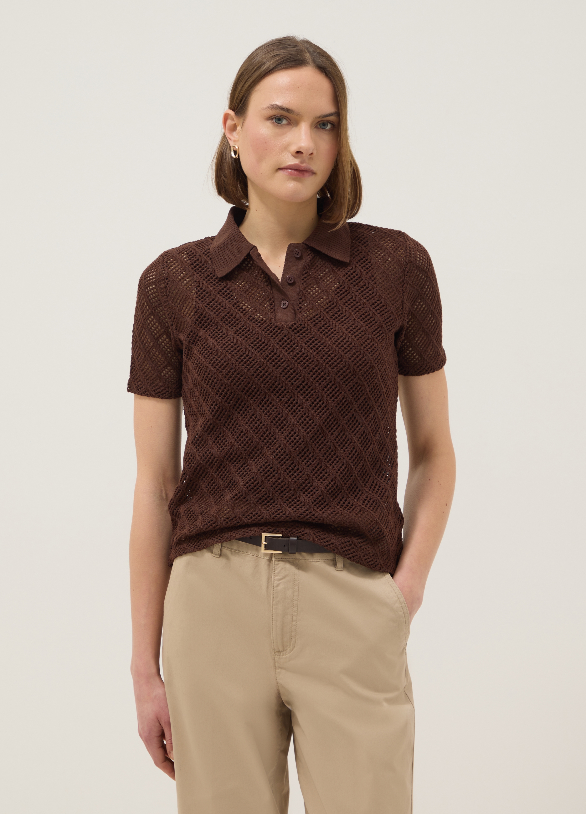 Polo Marrón De Manga Corta Regular Fit Con Textura De Malla, Mujer, Marrón oscuro, Talla: 42