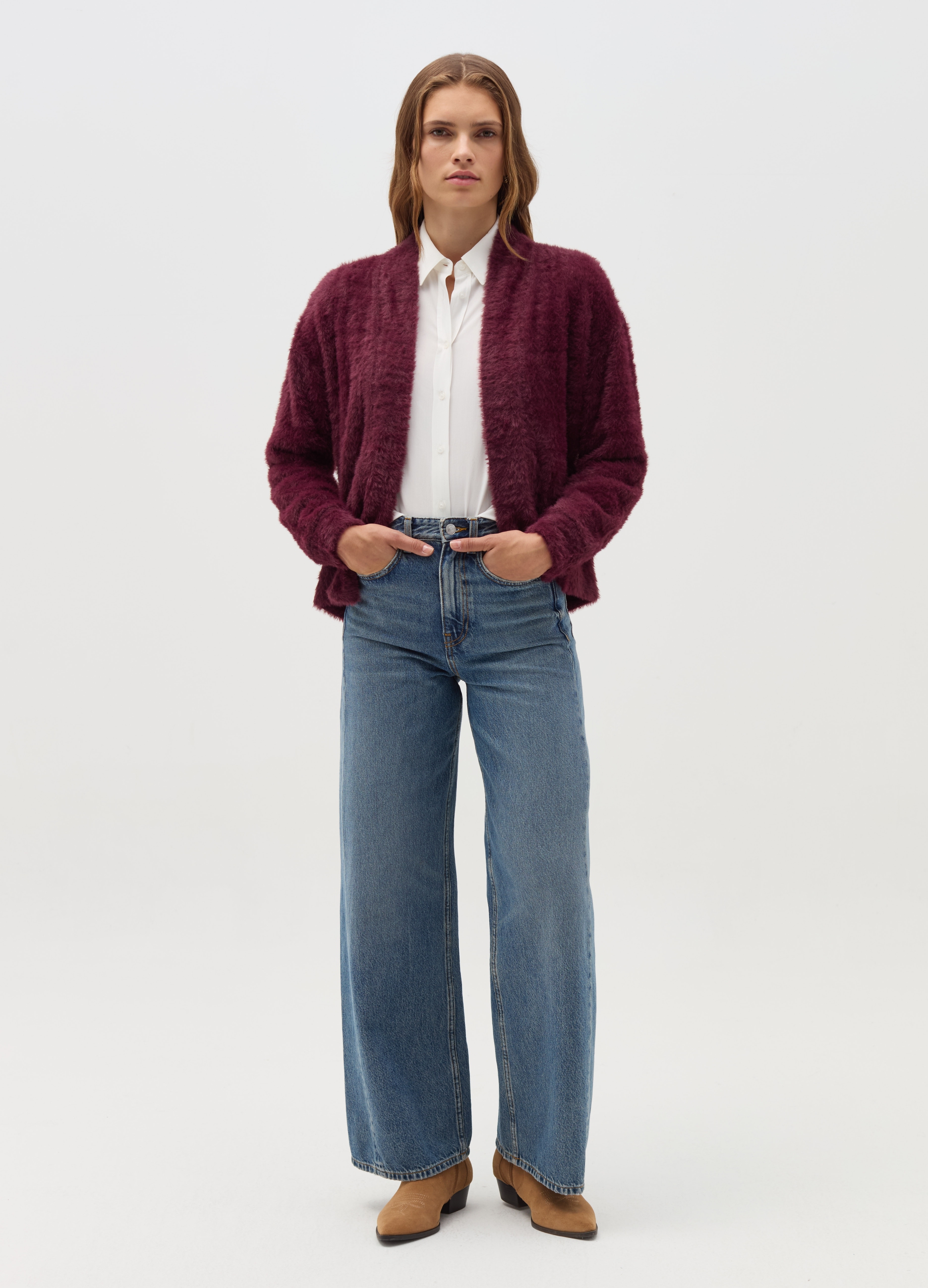 OVS, Cardigan Aperto Bordeaux In Filato Peloso, Donna, Rosso, Taglia: L/XL