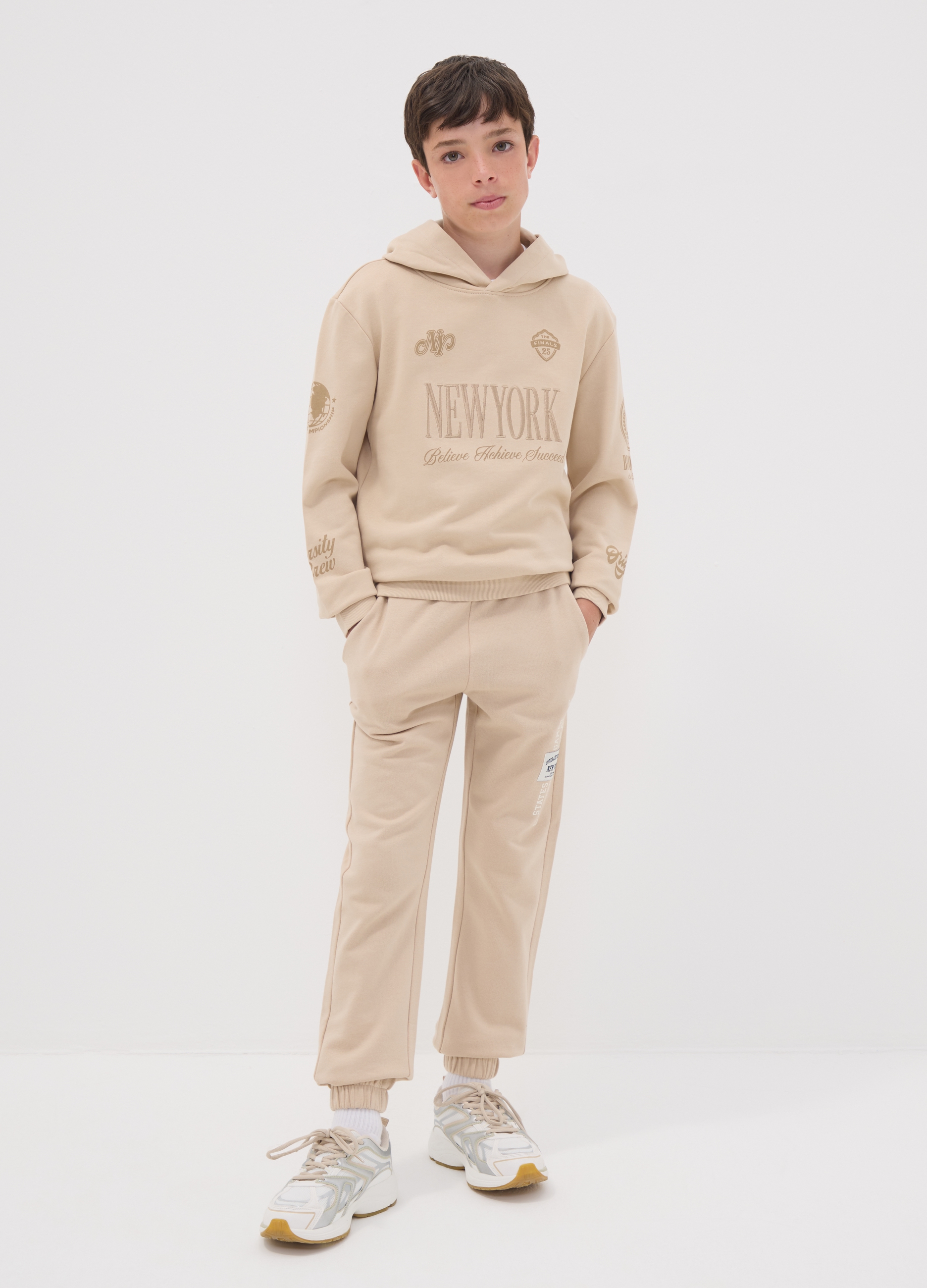 OVS KIDS, Pantaloni Jogger Beige In Puro Cotone Con Stampa Per Ragazzo, Bambino, Beige, Taglia: 10-11