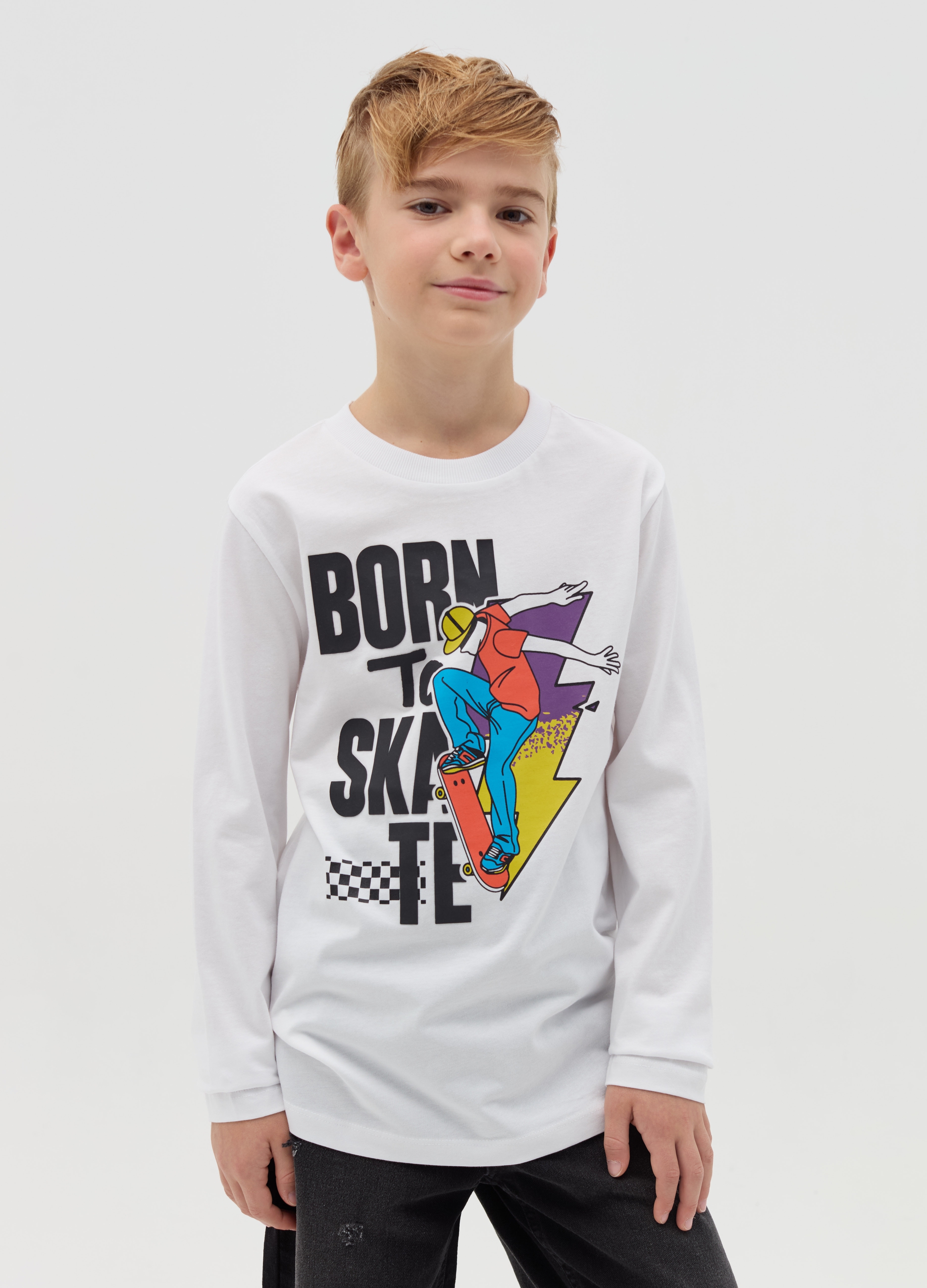 OVS KIDS, T-shirt Maniche Lunghe Stampa "born To Skate", Bambino, Bianco, Taglia: 14-15