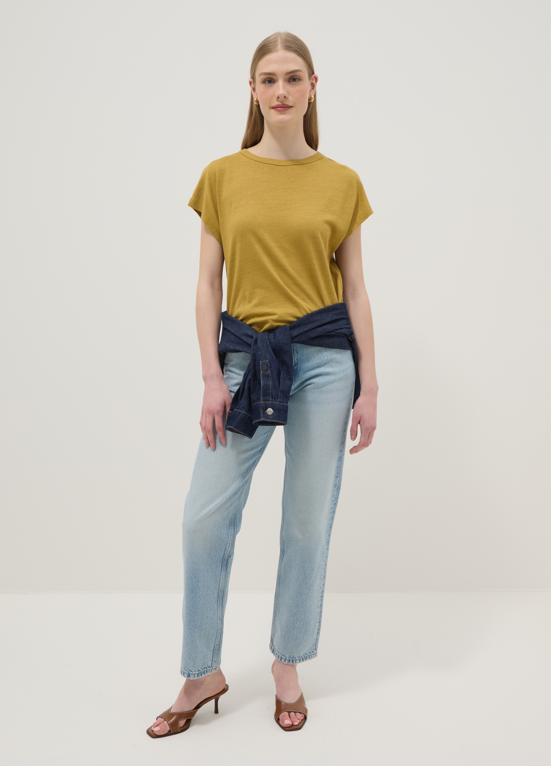 Camiseta Verde De Manga Corta En Mezcla De Algodón Y Lino, Corte Regular, Mujer, Verde Oliva, Talla: 34