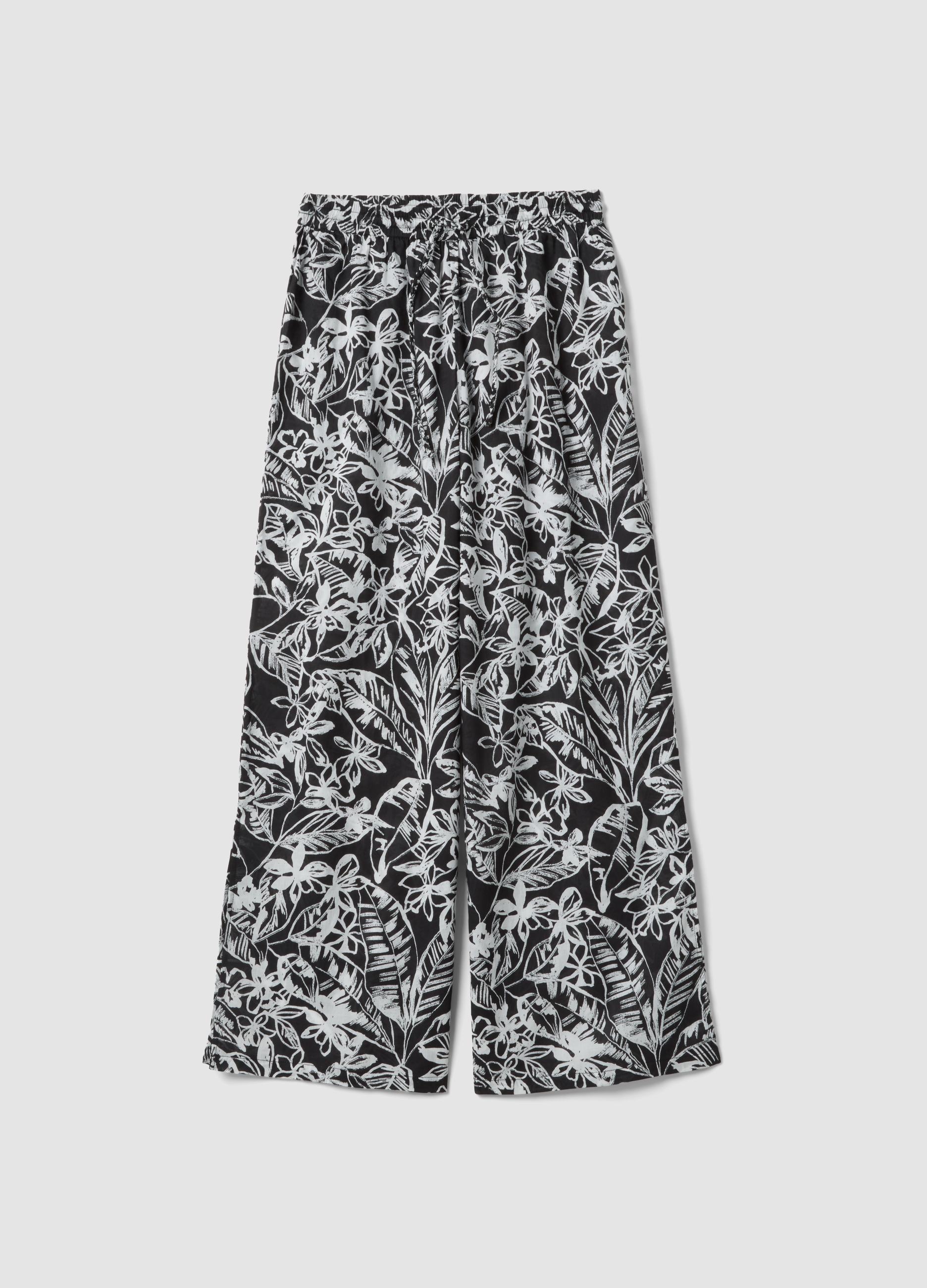 Pantalón Largo De Puro Algodón Multicolor Con Estampado Floral, Mujer, Blanco/negro, Talla: 42