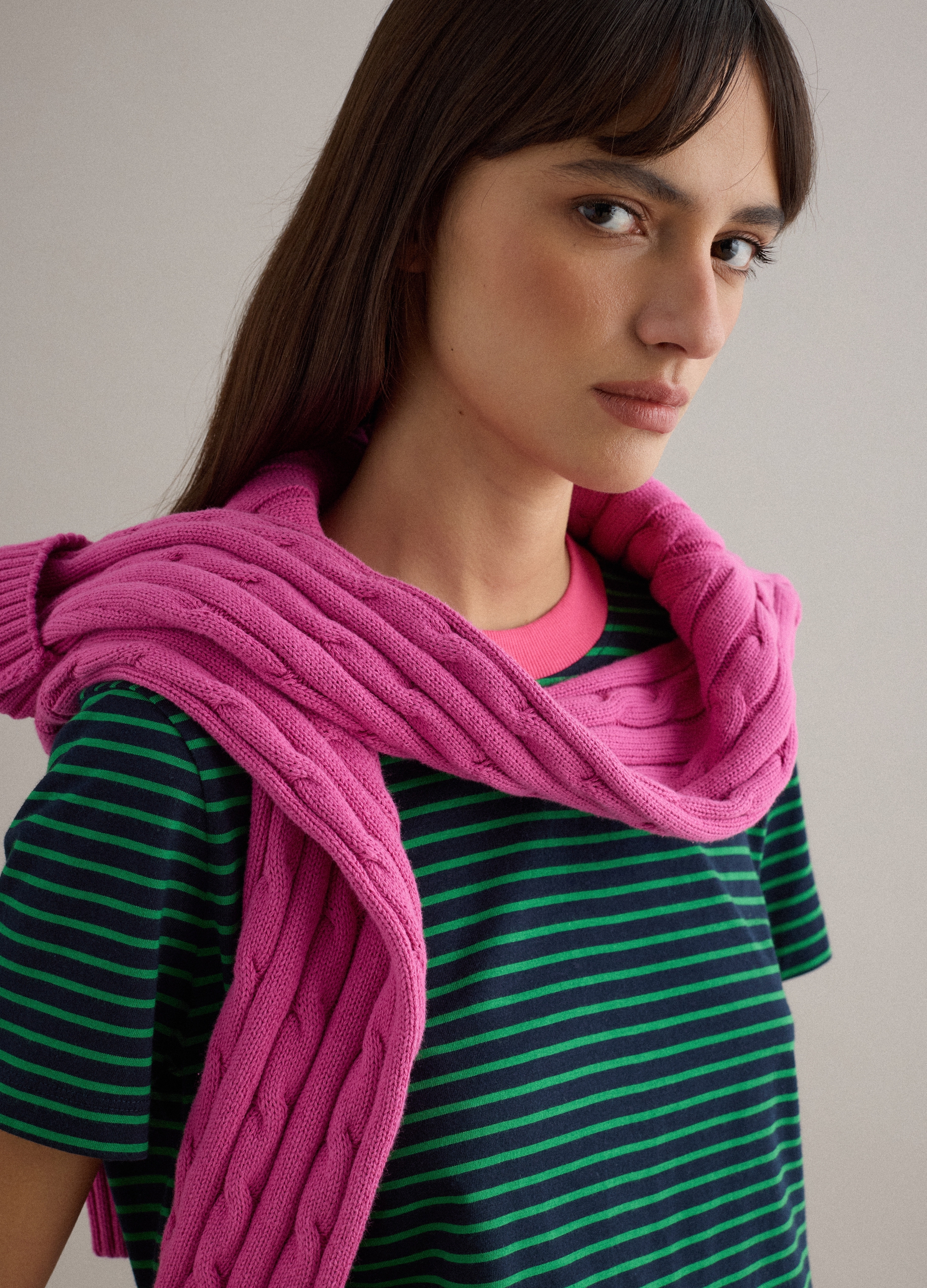 PIOMBO, Camiseta Verde A Rayas De Algodón Puro Ajuste Regular, Mujer, Green/Blue, Talla: 36