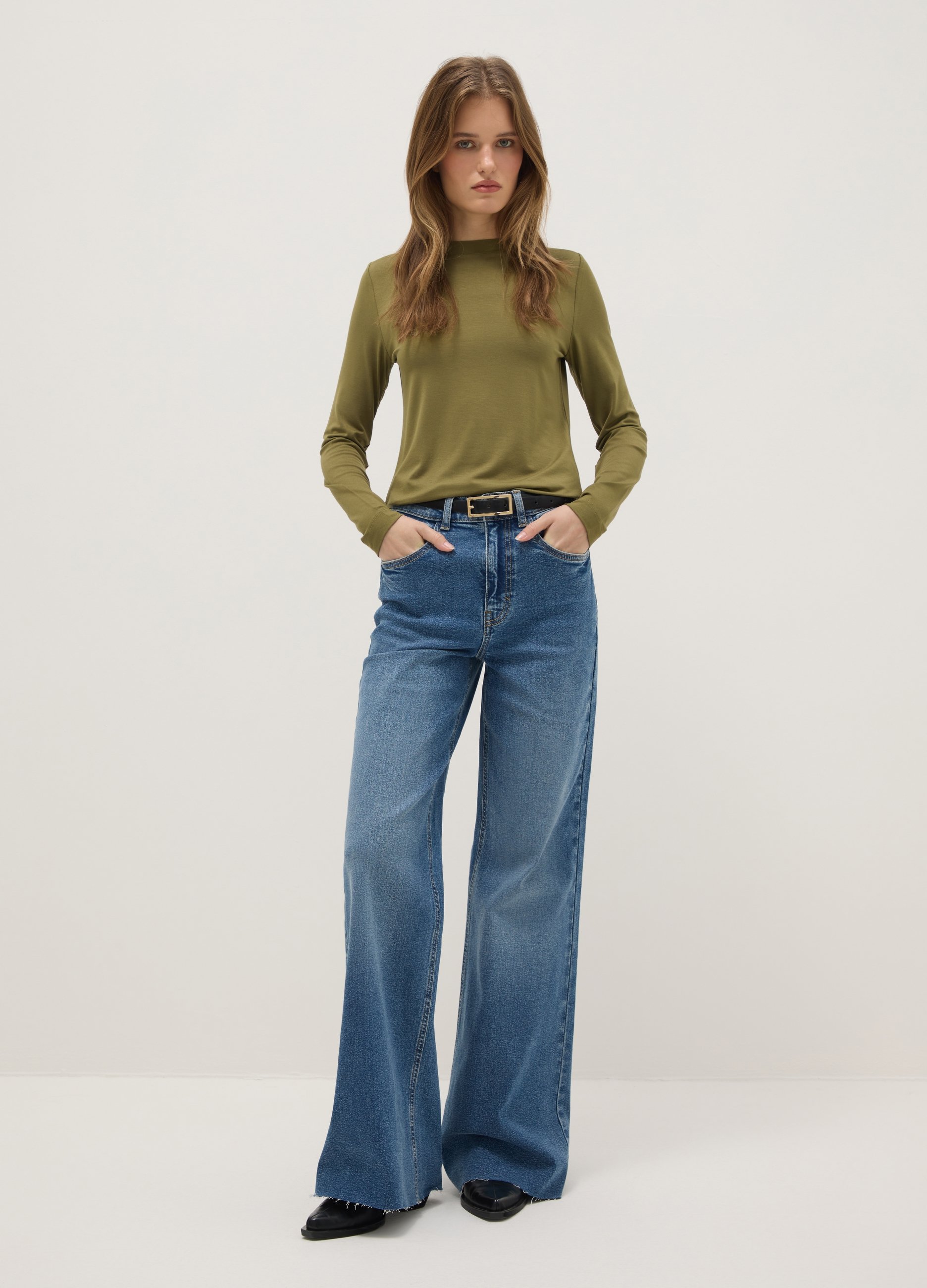 Camiseta Verde De Manga Larga Y Cuello Redondo Ajuste Regular, Mujer, Verde Oliva, Talla: 38