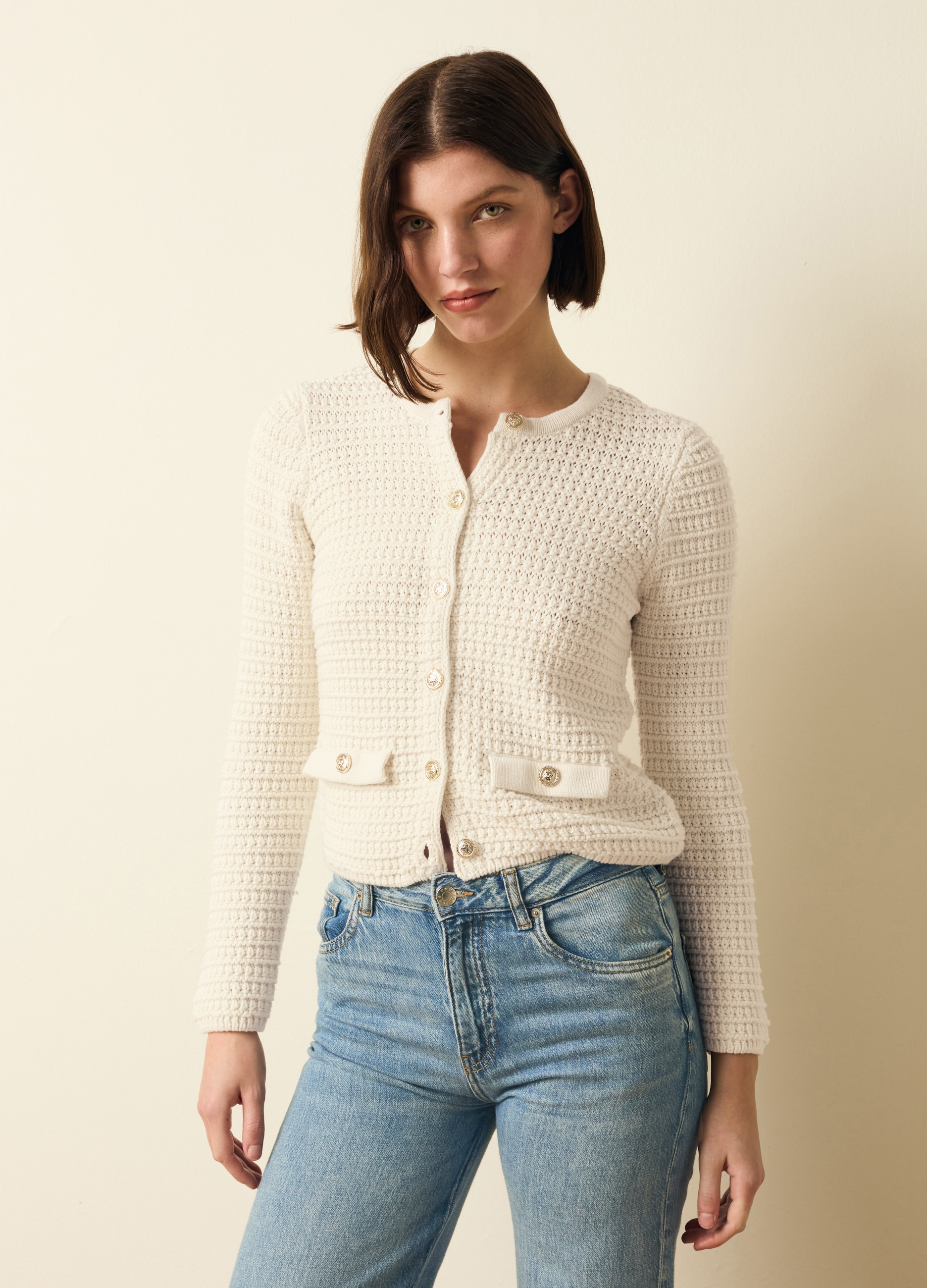 OVS, Giacca Cardigan Tricot Con Bottoni Dorati, Donna, Bianco, Taglia: L