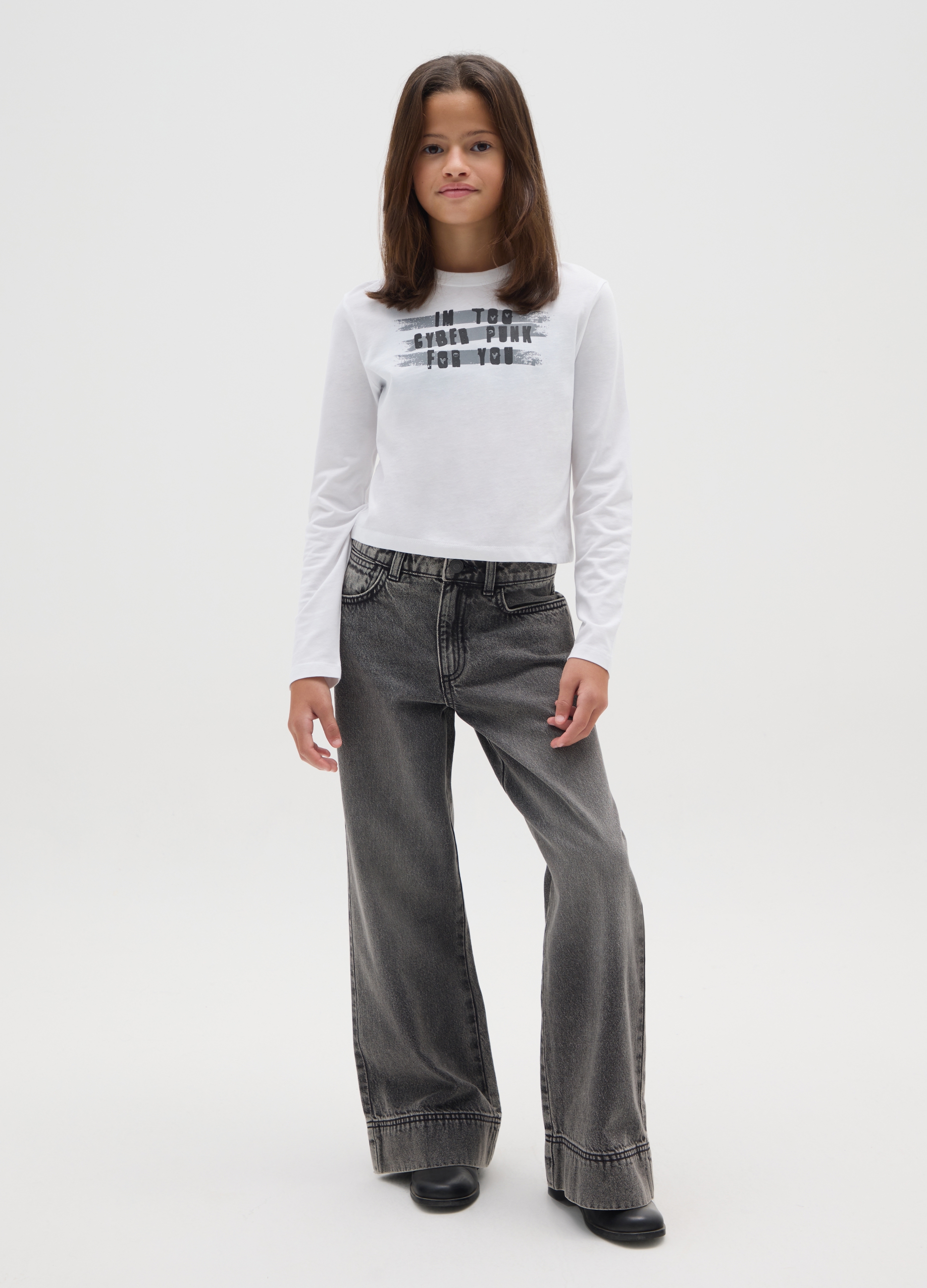 REPUBLIC OF DENIM, Jeans Da Ragazza In Puro Cotone Neri Wide Leg, Bambina, Nero, Taglia: 10-11