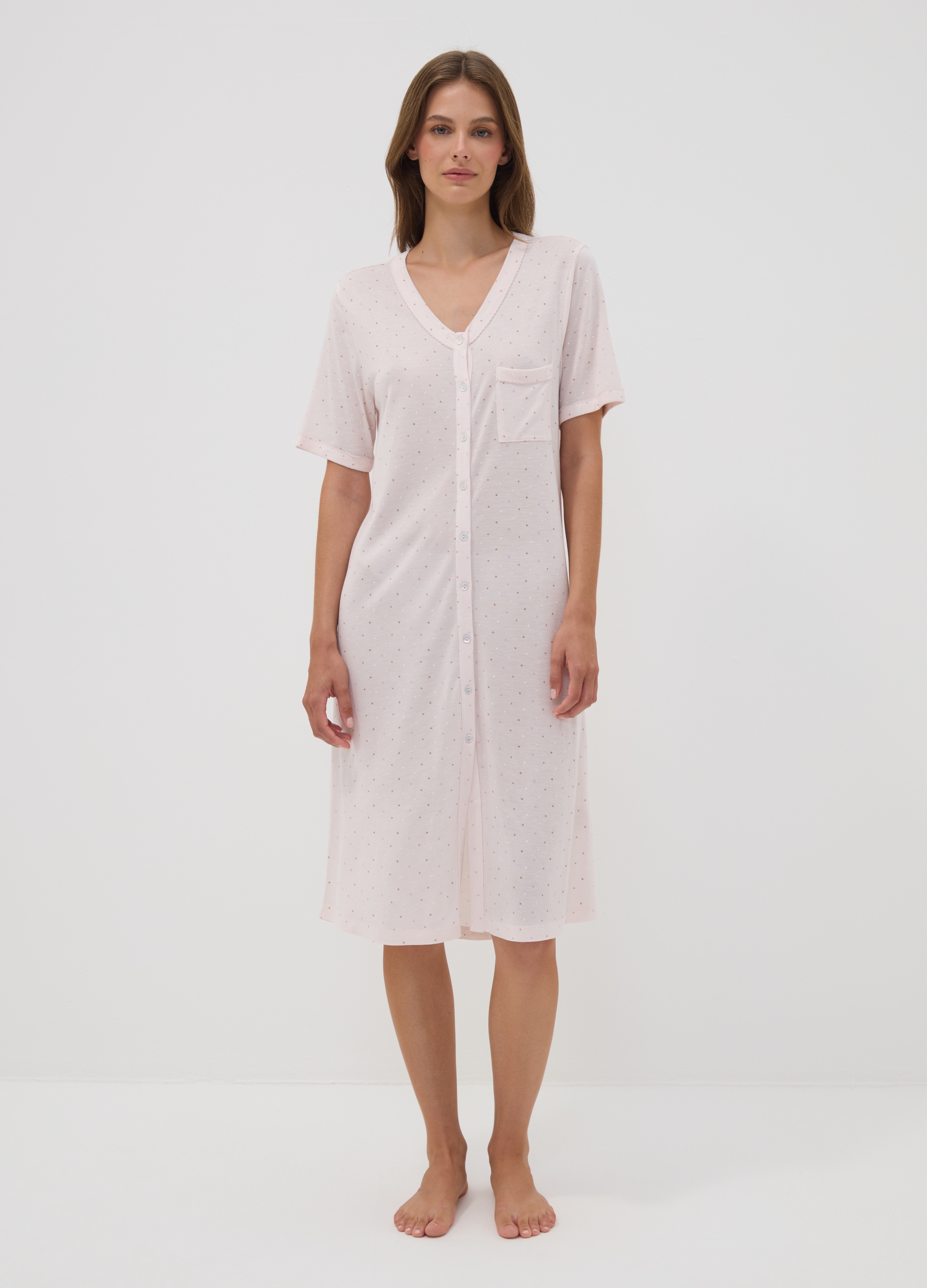 OVS, Camicia Da Notte Rosa A Pois In Pura Viscosa Con Scollo A V, Donna, Rosa, Taglia: 46