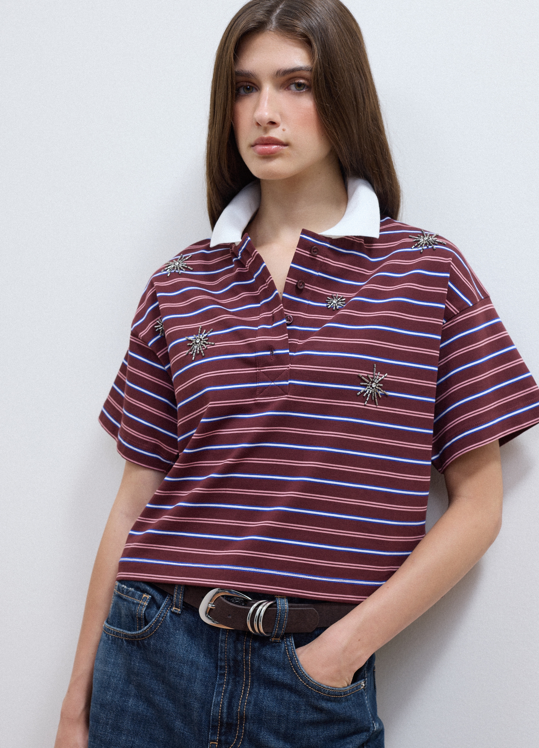 LES COPAINS, Polo Multicolor In Puro Cotone A Righe Con Colletto Over Fit, Donna, Multicolor, Taglia: S