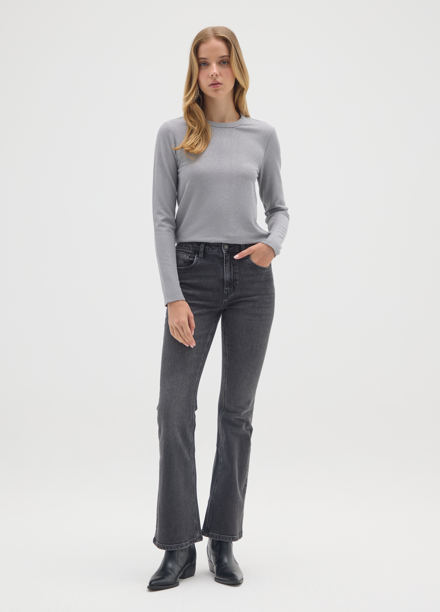 OVS, Maglia Grigia A Maniche Lunghe Elasticizzata, Donna, Grigio, Taglia: L