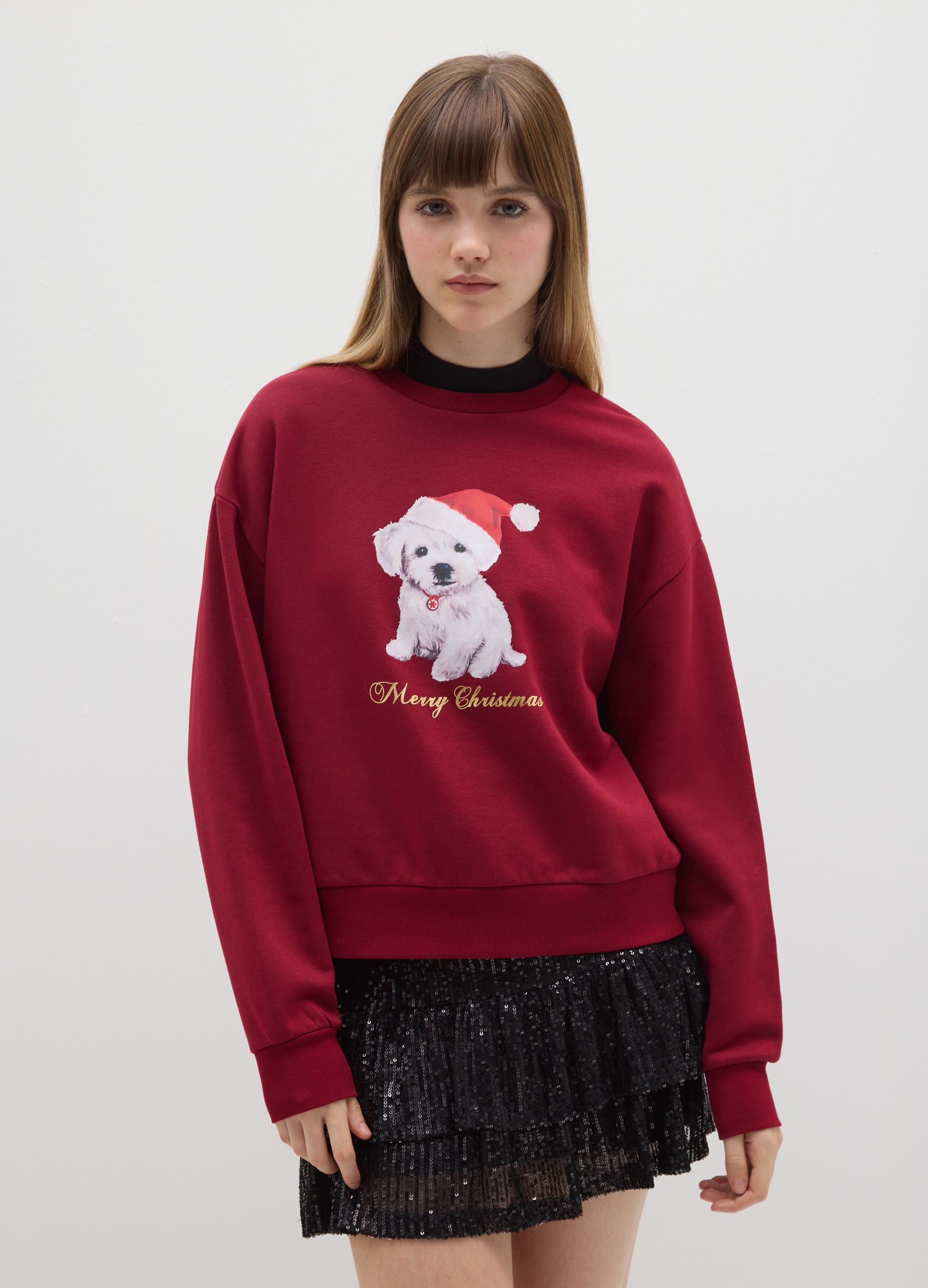 B.ANGEL, Sudadera Roja De Mezcla De Algodón Regular Fit Con Estampado Navideño, Mujer, Rojo Oscuro, Talla: XL