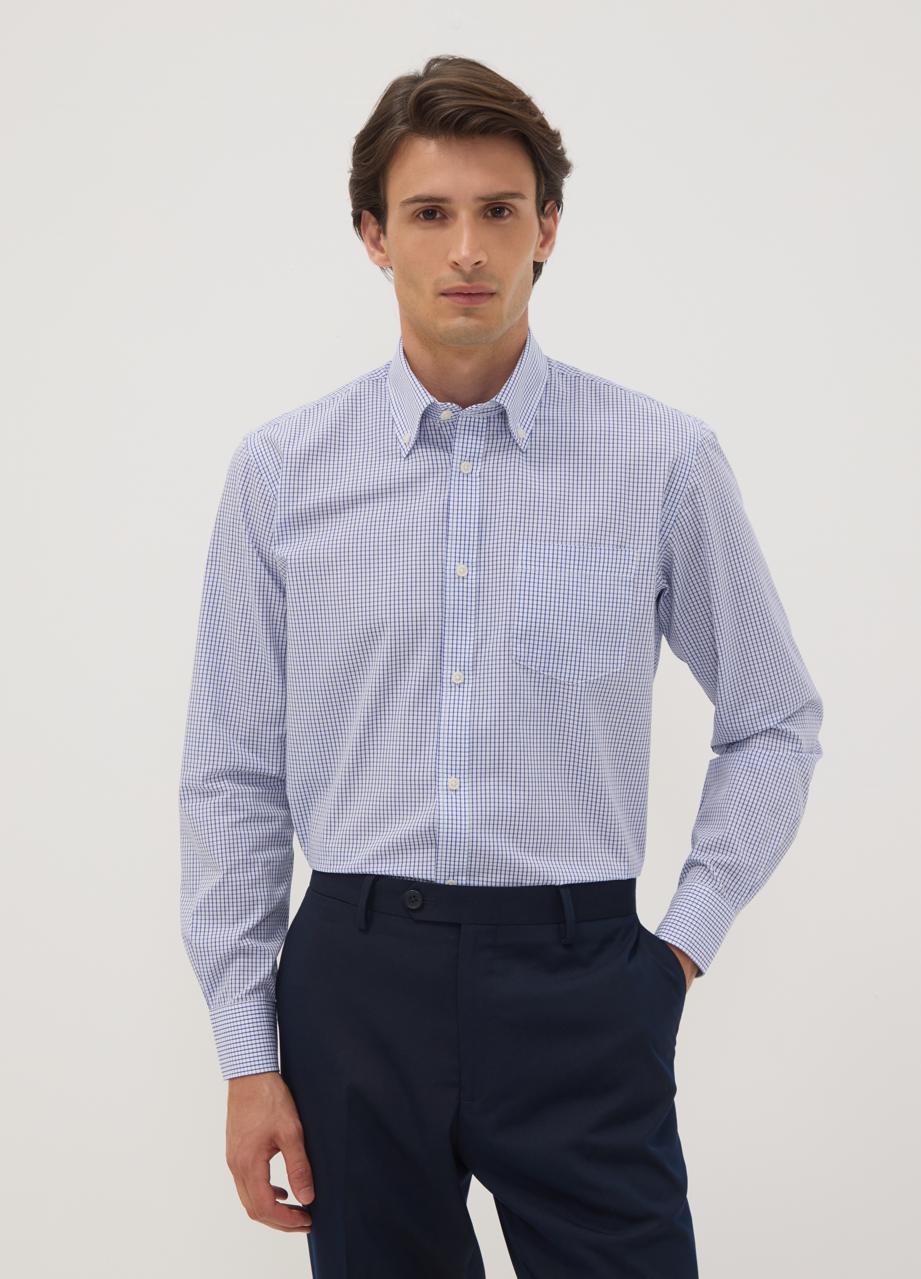 OVS, Camicia Azzurra In Misto Cotone A Quadretti Easi Iron Regular Fit, Uomo, Azzurro, Taglia: 42