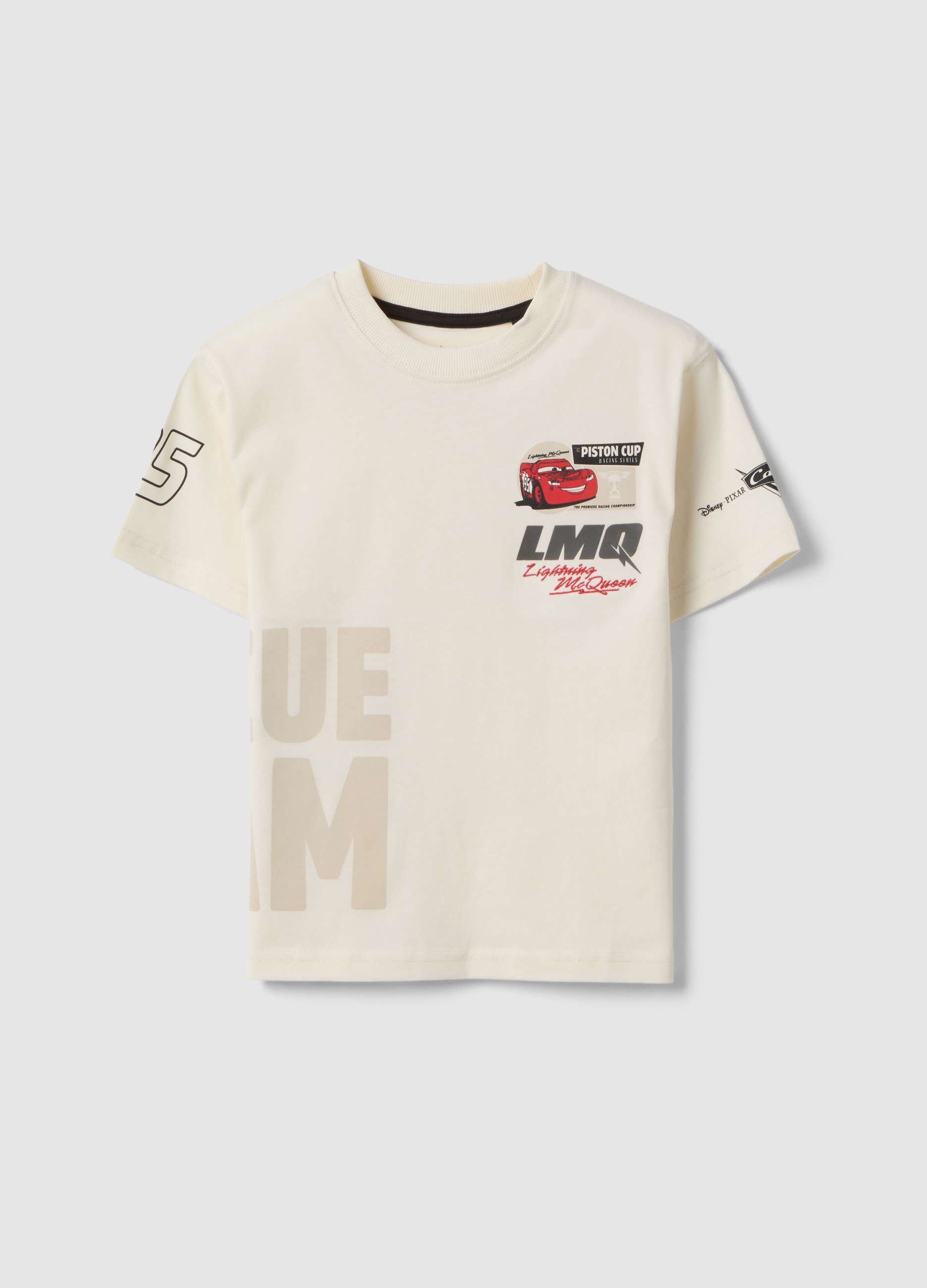 DISNEY, T-shirt Bianca In Puro Cotone Da Bambino Con Stampa Cars Oversize Fit, Bianco, Taglia: 5-6